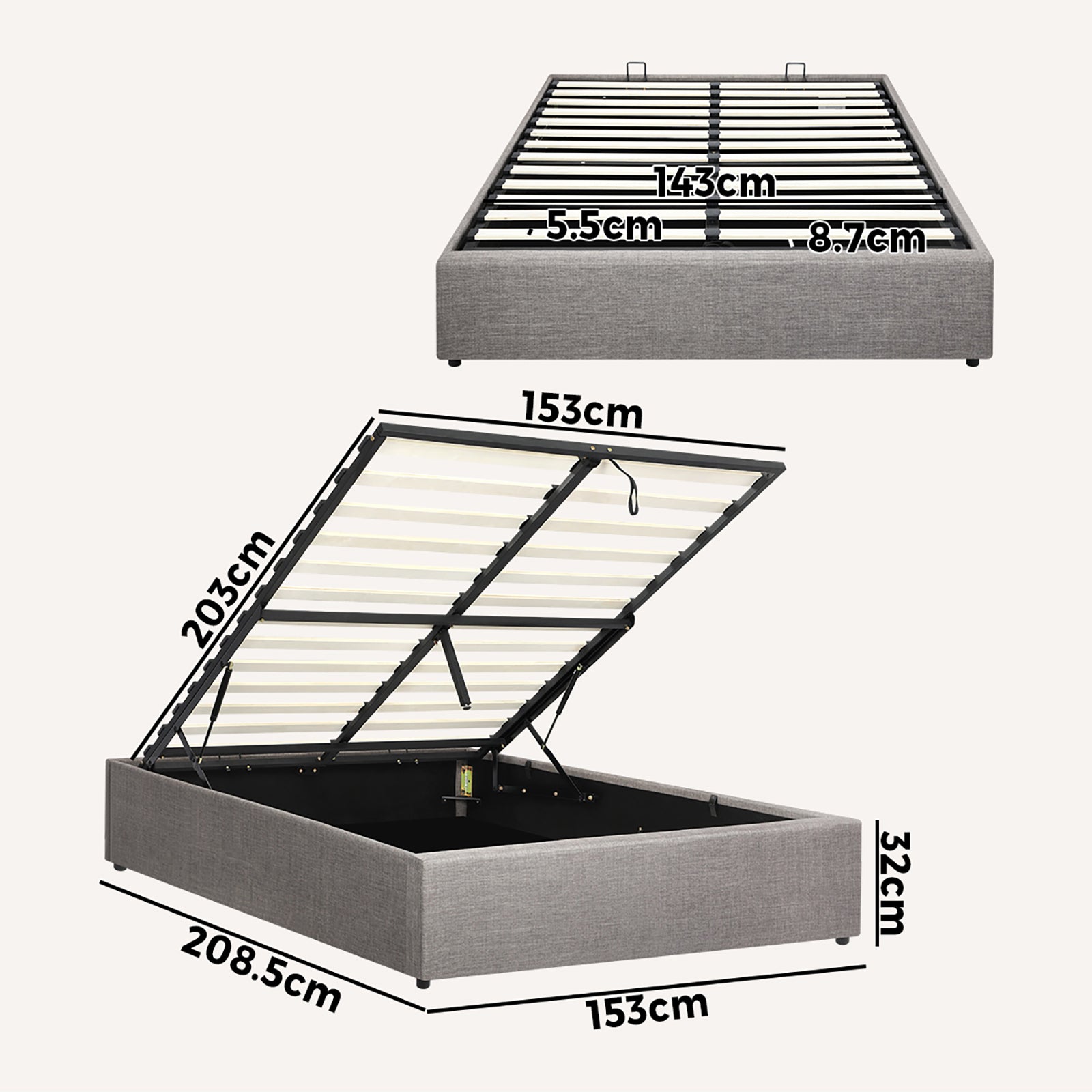 Oikiture Bed Frame Queen Size Gas Lift Base With Storage Mattress Base Platform - Sunyee