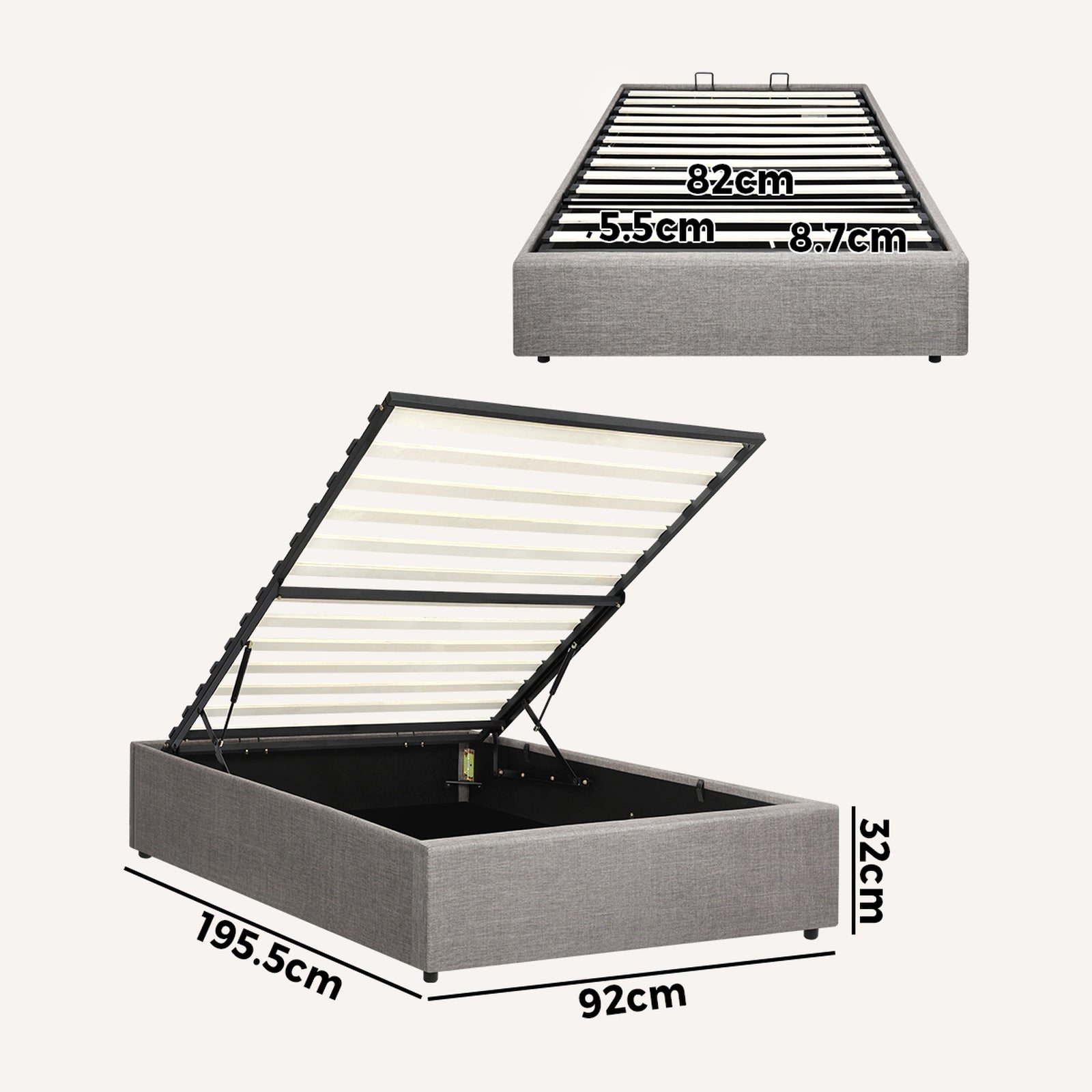 Oikiture Bed Frame Single Size Gas Lift Base With Storage - Sunyee