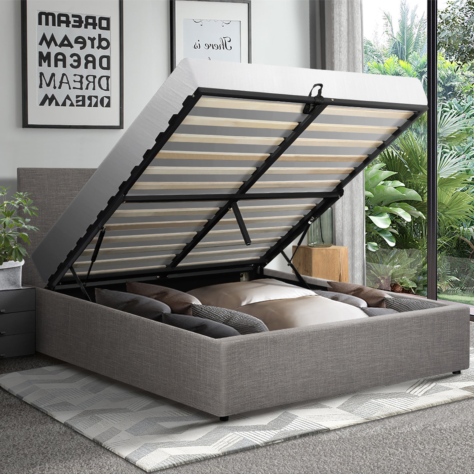 Oikiture Bed Frame Double Size Gas Lift Base With Storage Mattress Platform - Sunyee