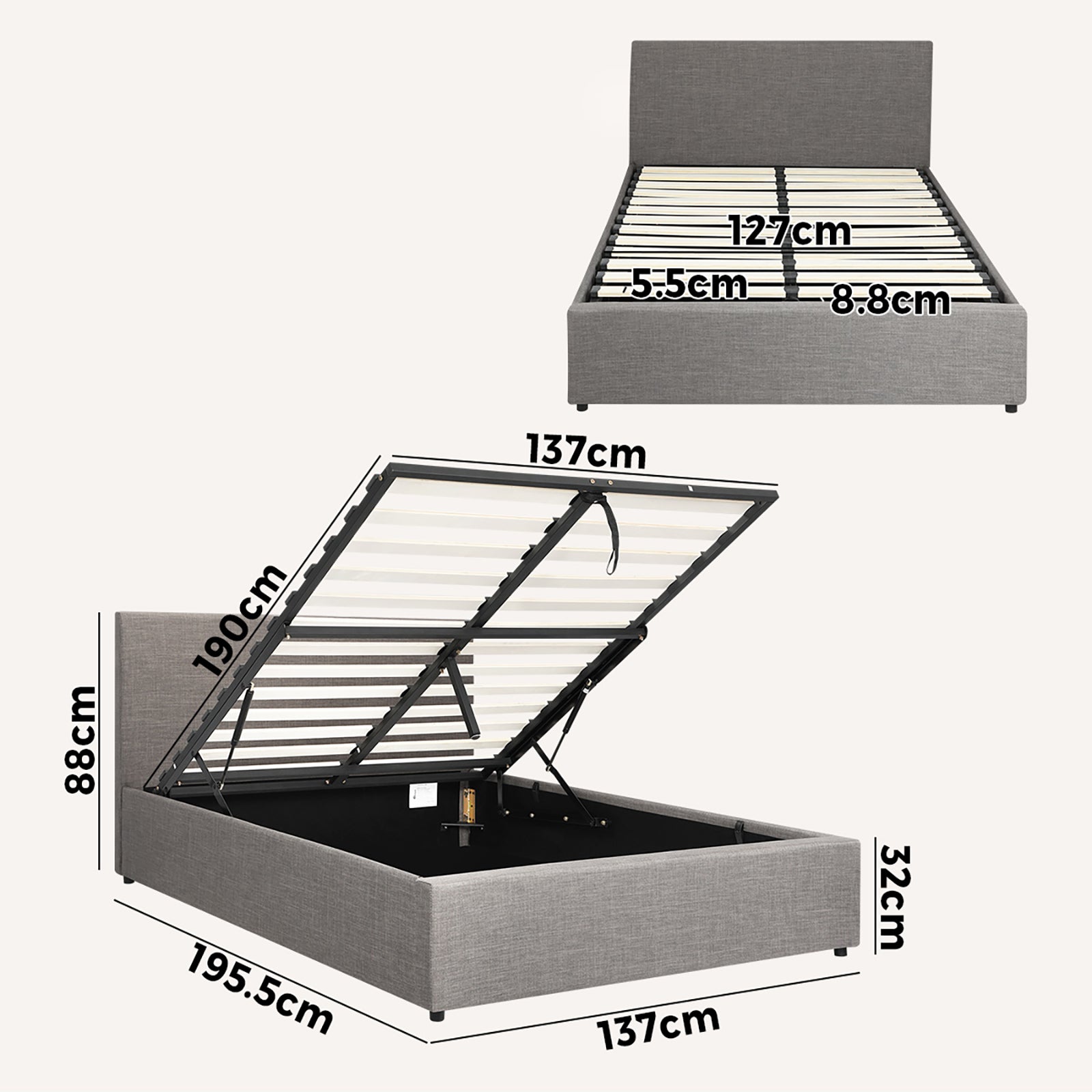 Oikiture Bed Frame Double Size Gas Lift Base With Storage Mattress Platform - Sunyee