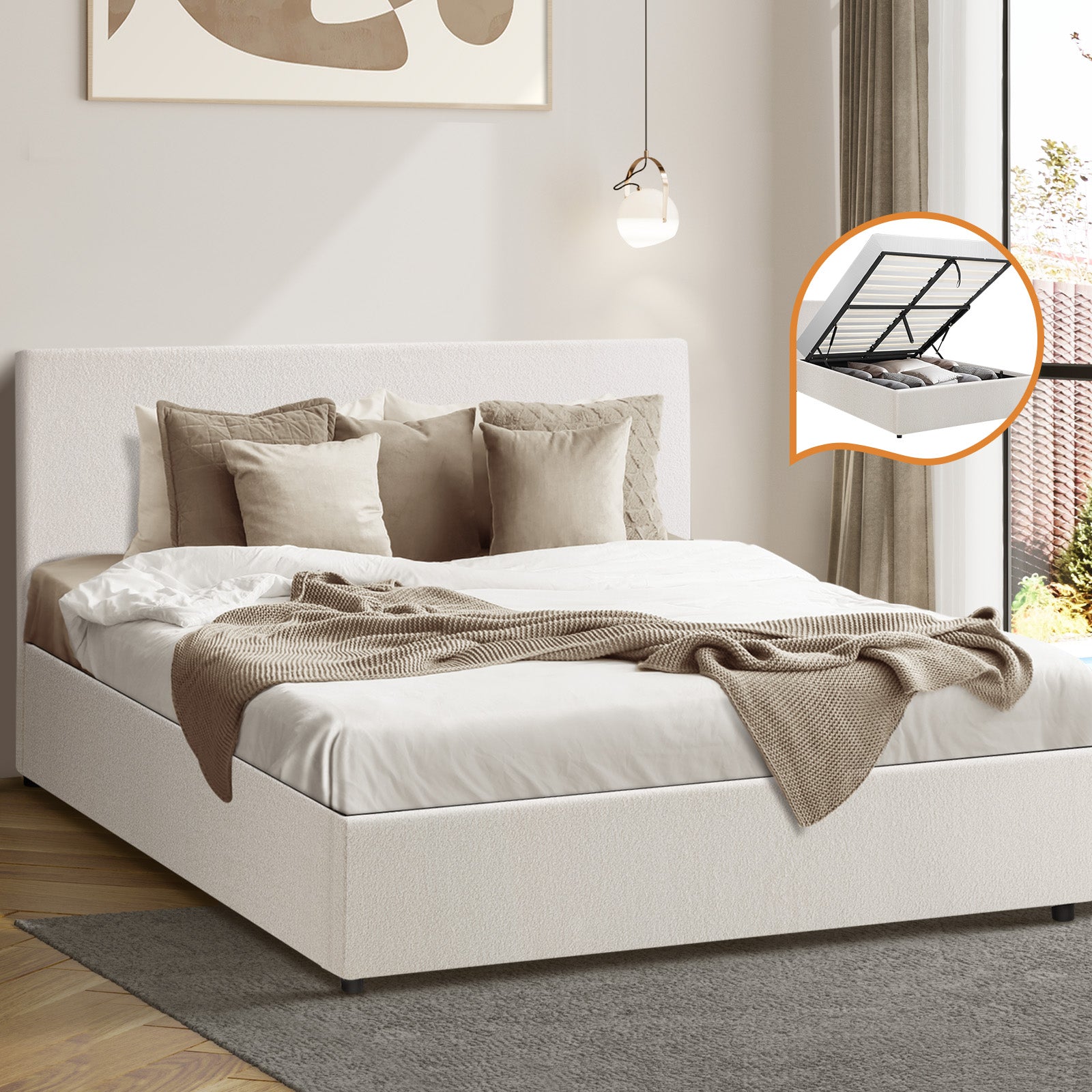 Oikiture Bed Frame Double Size Gas Lift Base With Storage White Boucle - Sunyee