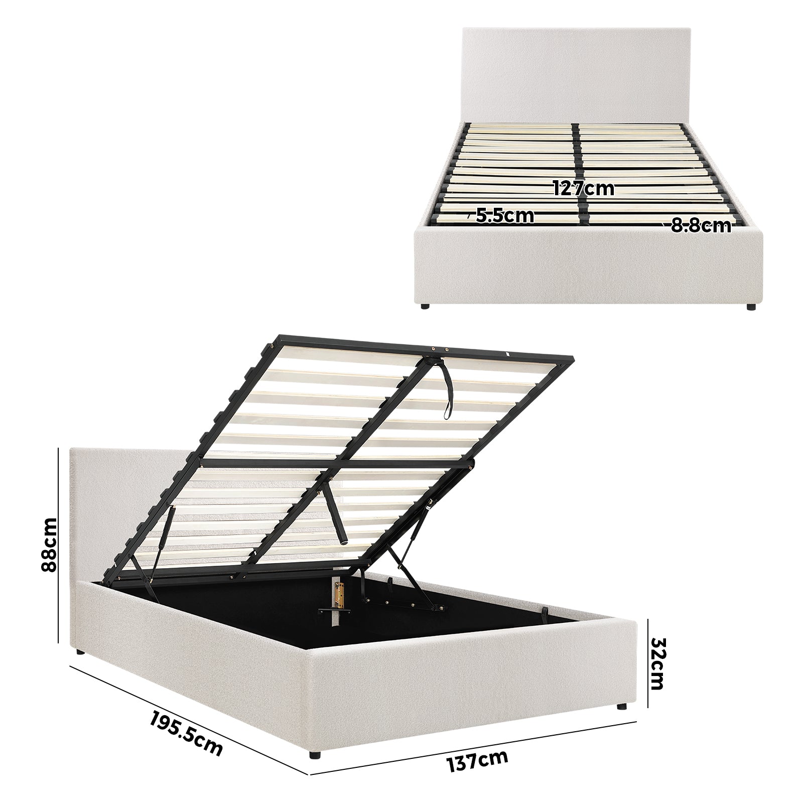 Oikiture Bed Frame Double Size Gas Lift Base With Storage White Boucle - Sunyee