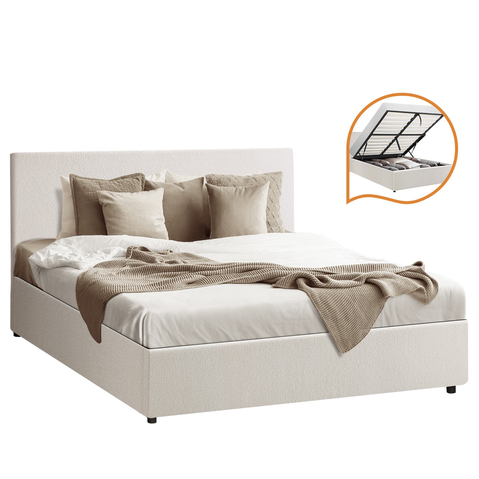 Oikiture Bed Frame Double Size Gas Lift Base With Storage White Boucle - Sunyee