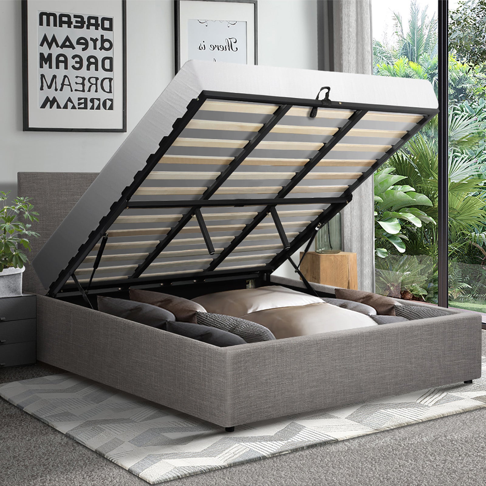 Oikiture Bed Frame King Size Gas Lift Base with Storage Mattress Platform Grey - Sunyee