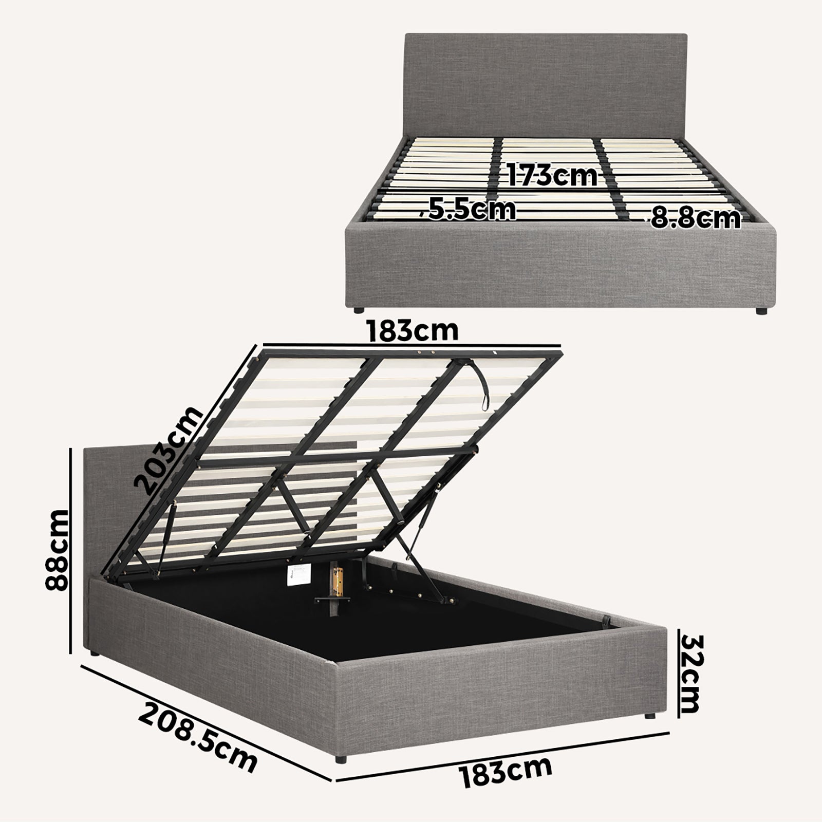 Oikiture Bed Frame King Size Gas Lift Base with Storage Mattress Platform Grey - Sunyee