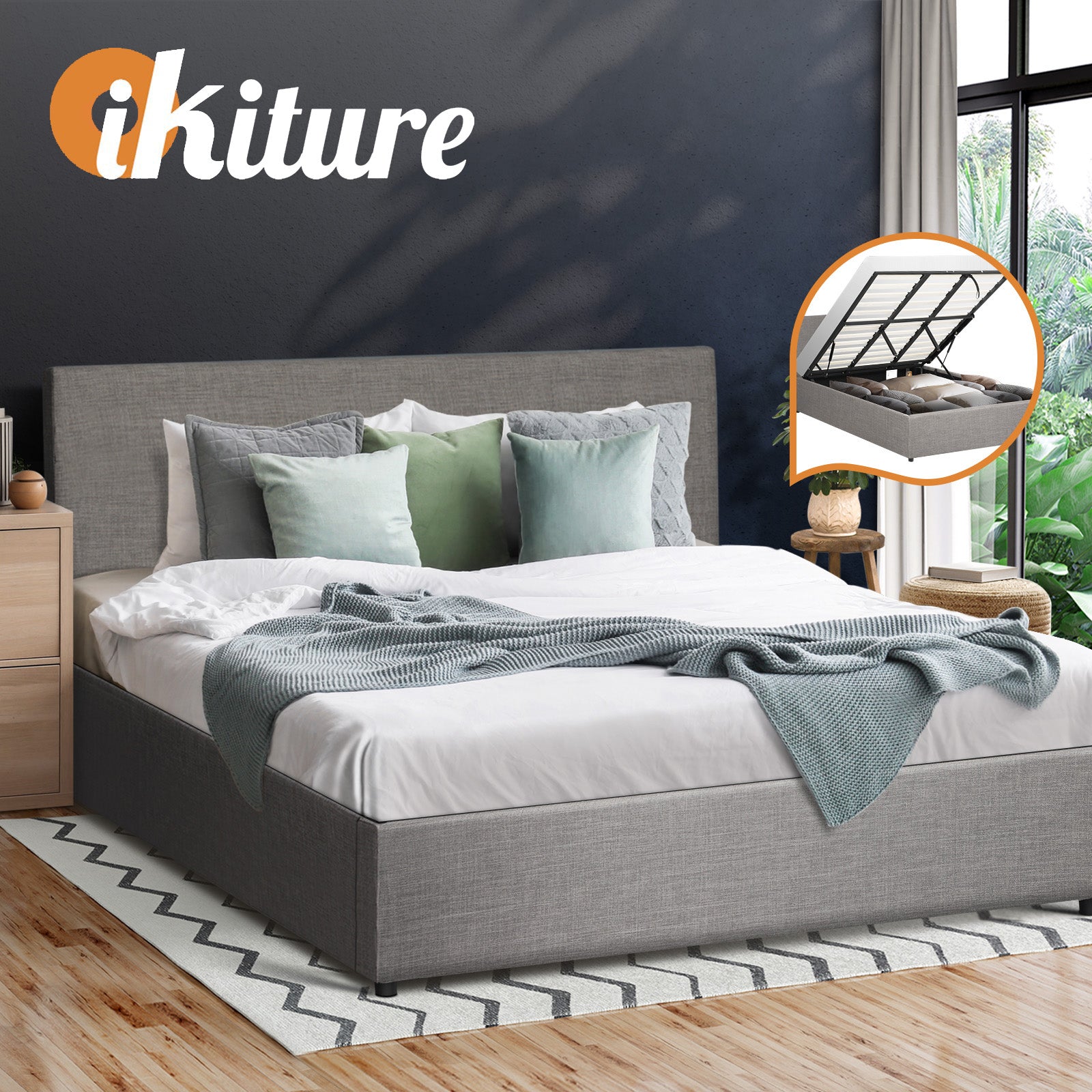 Oikiture Bed Frame King Size Gas Lift Base with Storage Mattress Platform Grey - Sunyee