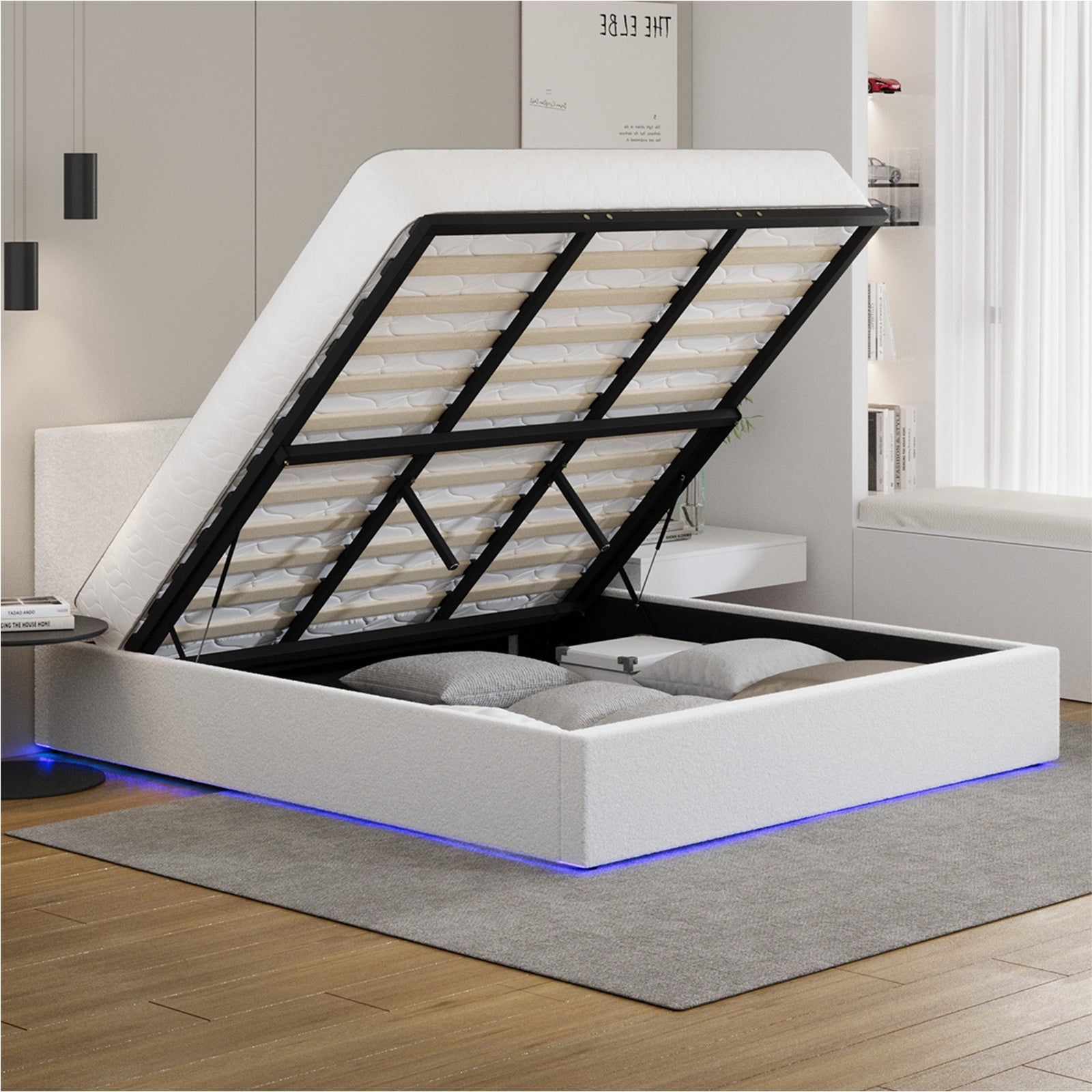 Oikiture Bed Frame King Size Gas Lift Storage Base LED Beds Boucle White