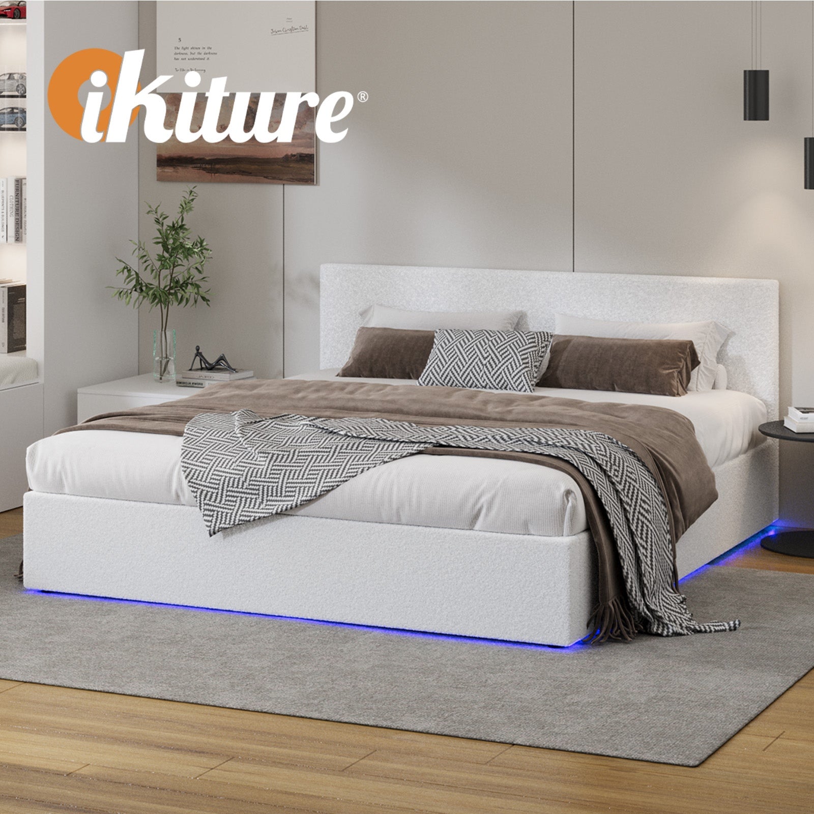 Oikiture Bed Frame King Size Gas Lift Storage Base LED Beds Boucle White