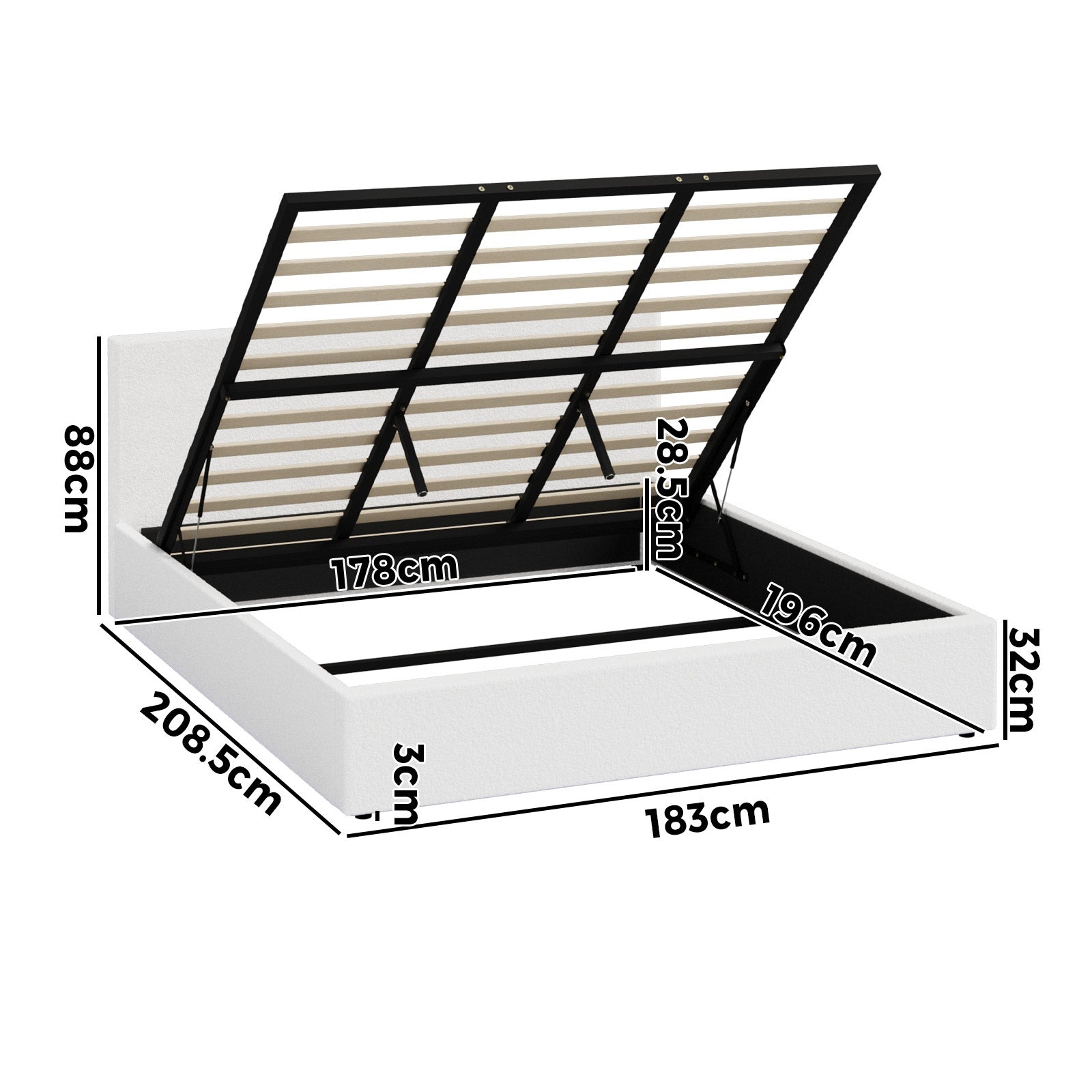 Oikiture Bed Frame King Size Gas Lift Storage Base LED Beds Boucle White
