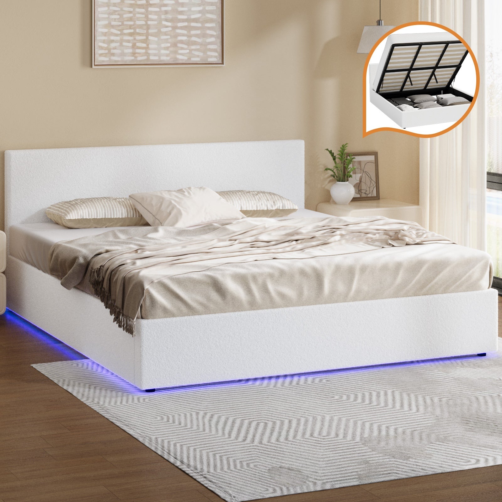Oikiture Bed Frame King Size Gas Lift Storage Base LED Beds Boucle White