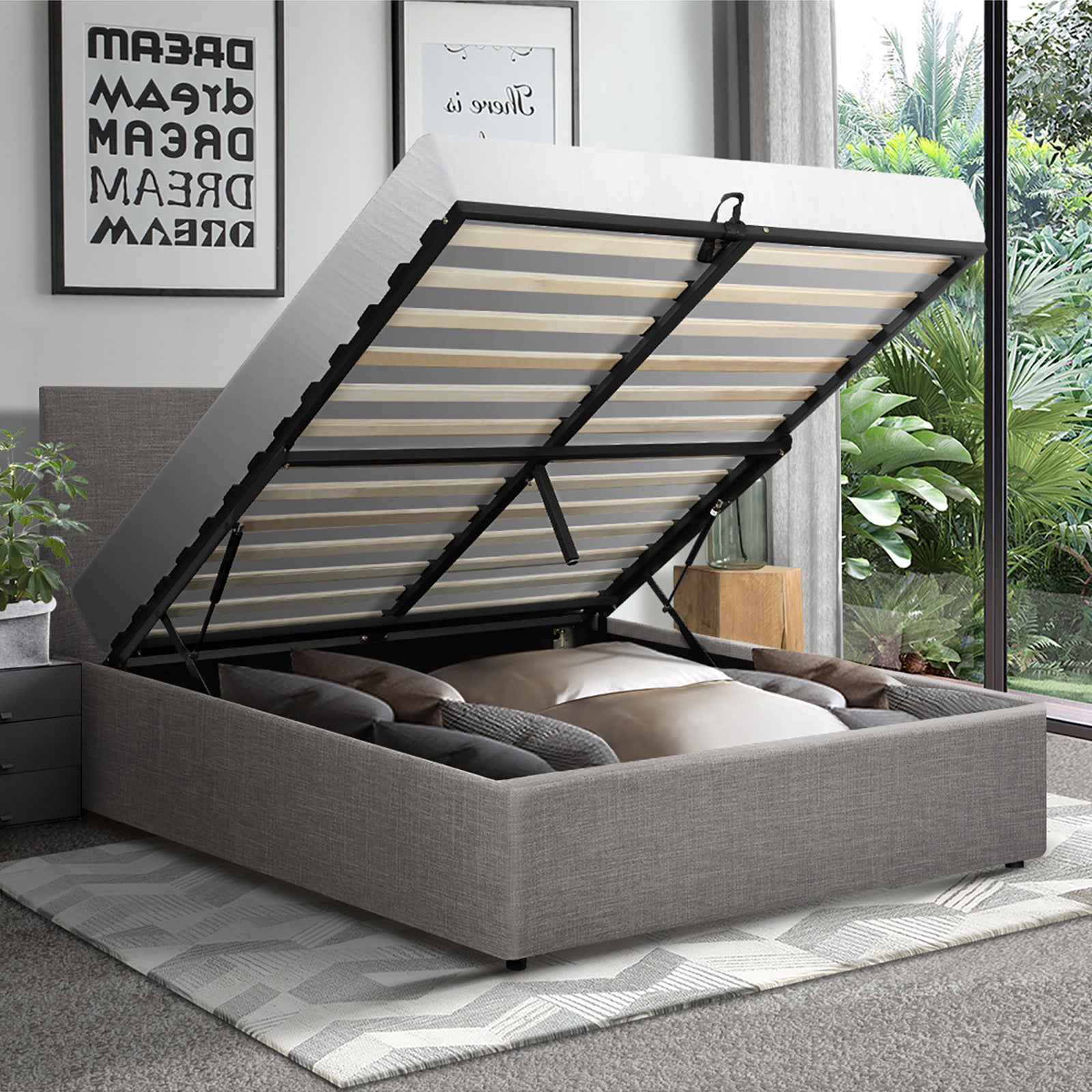 Oikiture Bed Frame King Single Size Gas Lift Mattress Base With Storage Fabric - Sunyee