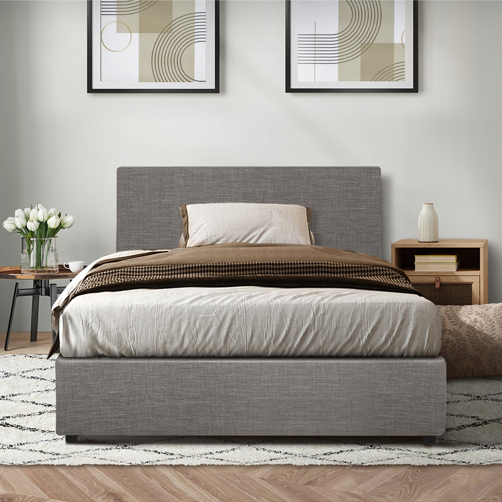 Oikiture Bed Frame King Single Size Gas Lift Mattress Base With Storage Fabric - Sunyee