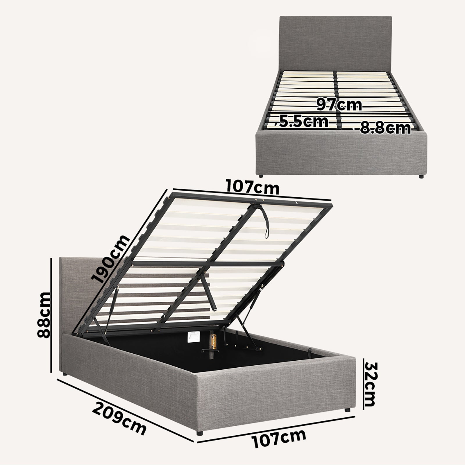Oikiture Bed Frame King Single Size Gas Lift Mattress Base With Storage Fabric - Sunyee