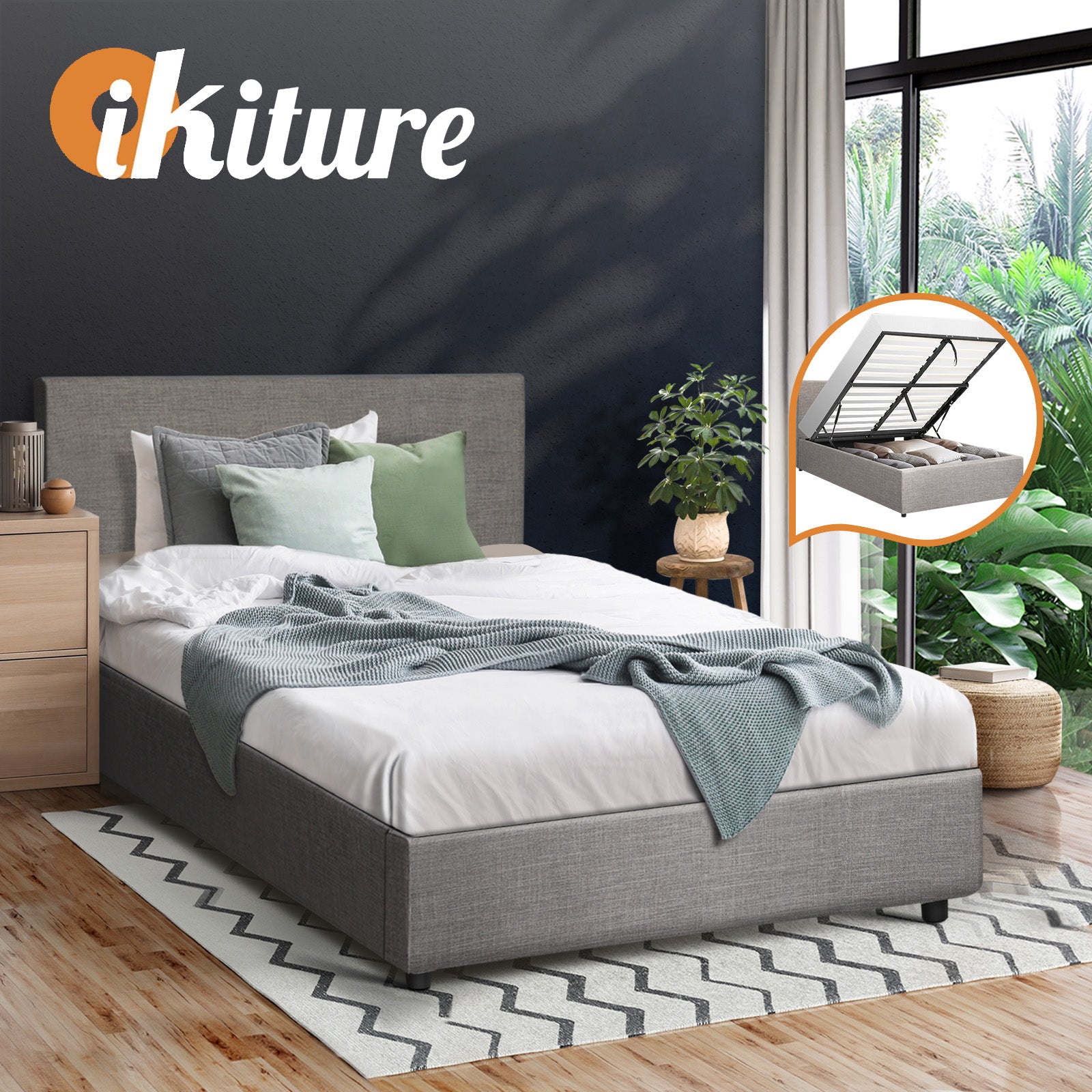 Oikiture Bed Frame King Single Size Gas Lift Mattress Base With Storage Fabric - Sunyee