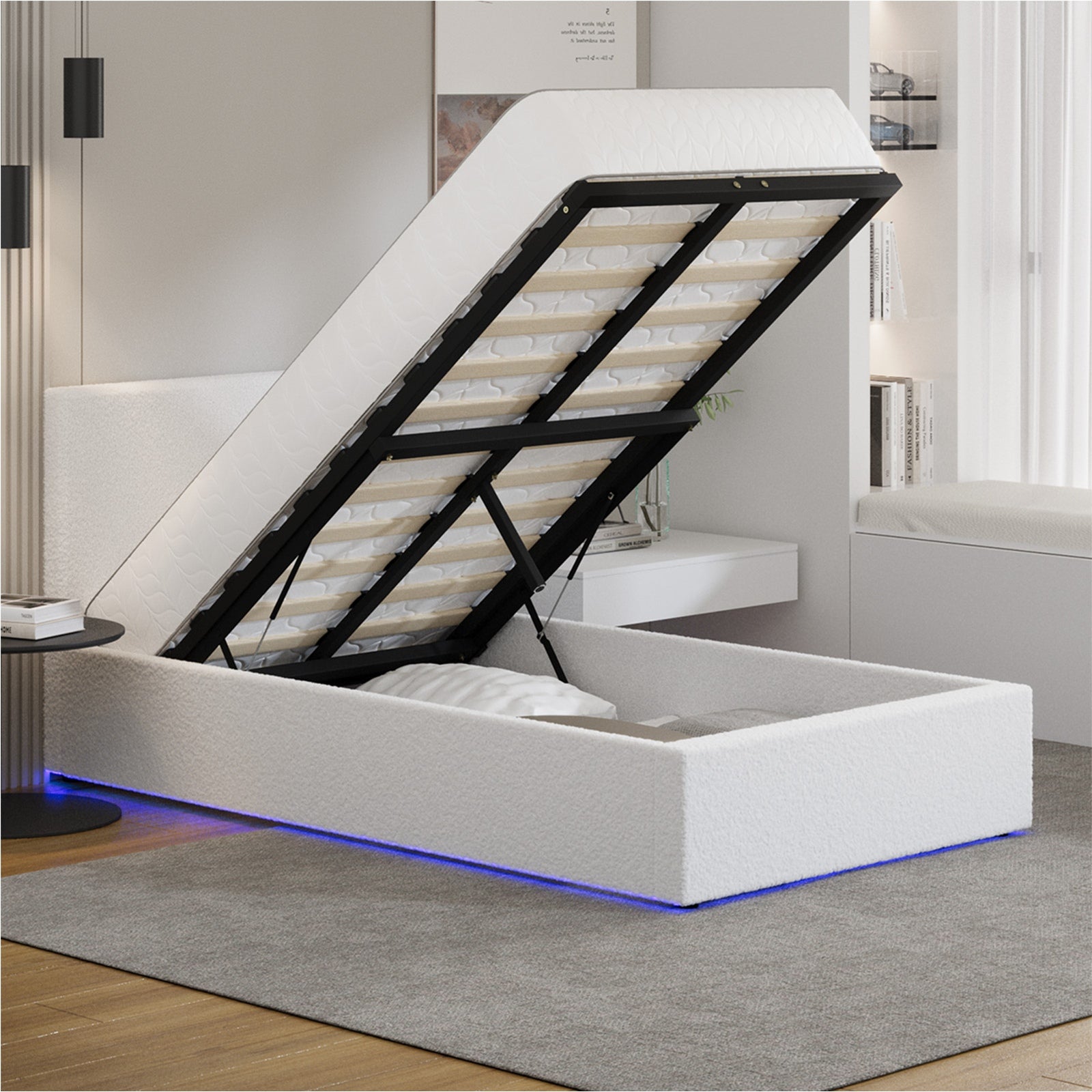 Oikiture Bed Frame King Single Size Gas Lift Storage Base LED Beds Boucle White