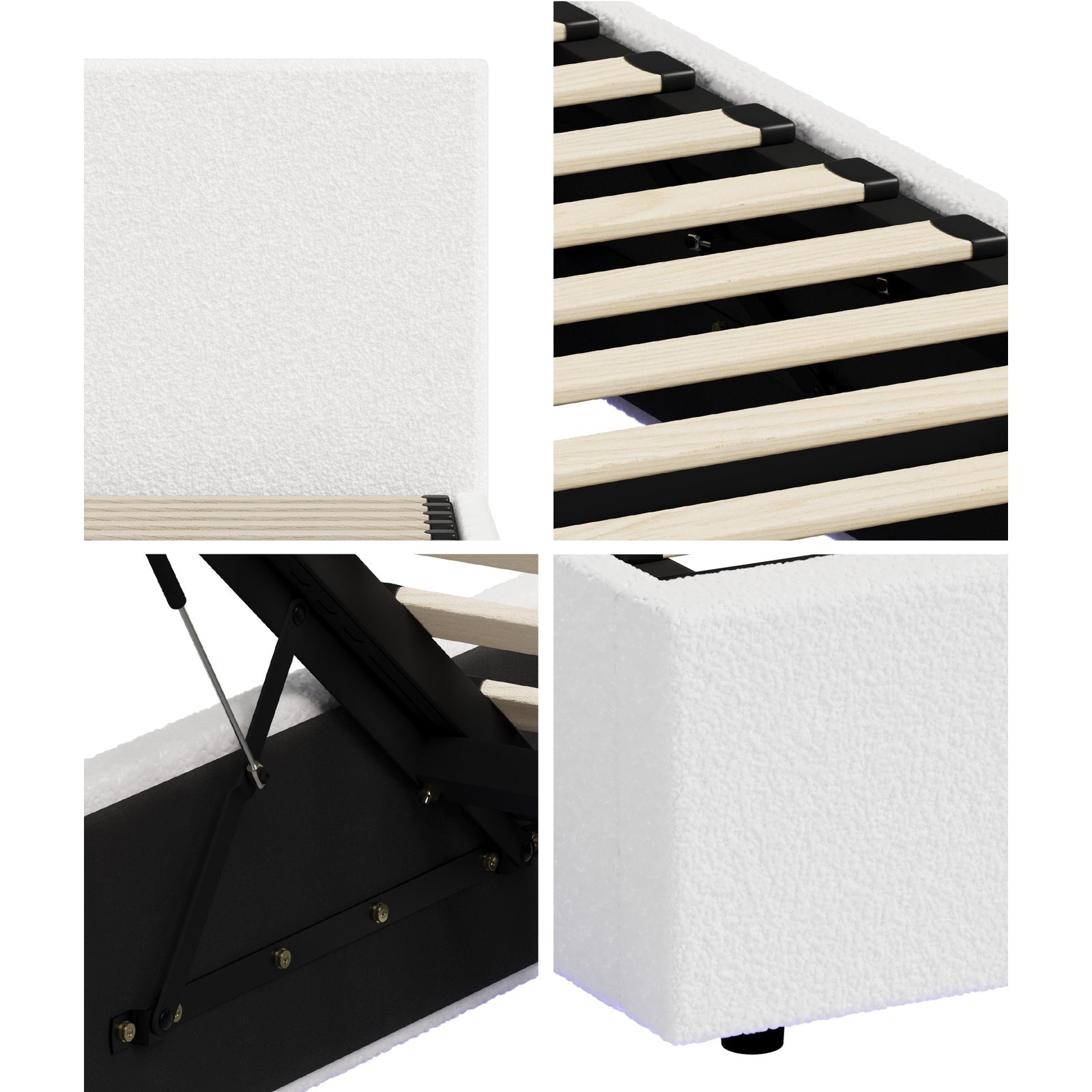 Oikiture Bed Frame King Single Size Gas Lift Storage Base LED Beds Boucle White