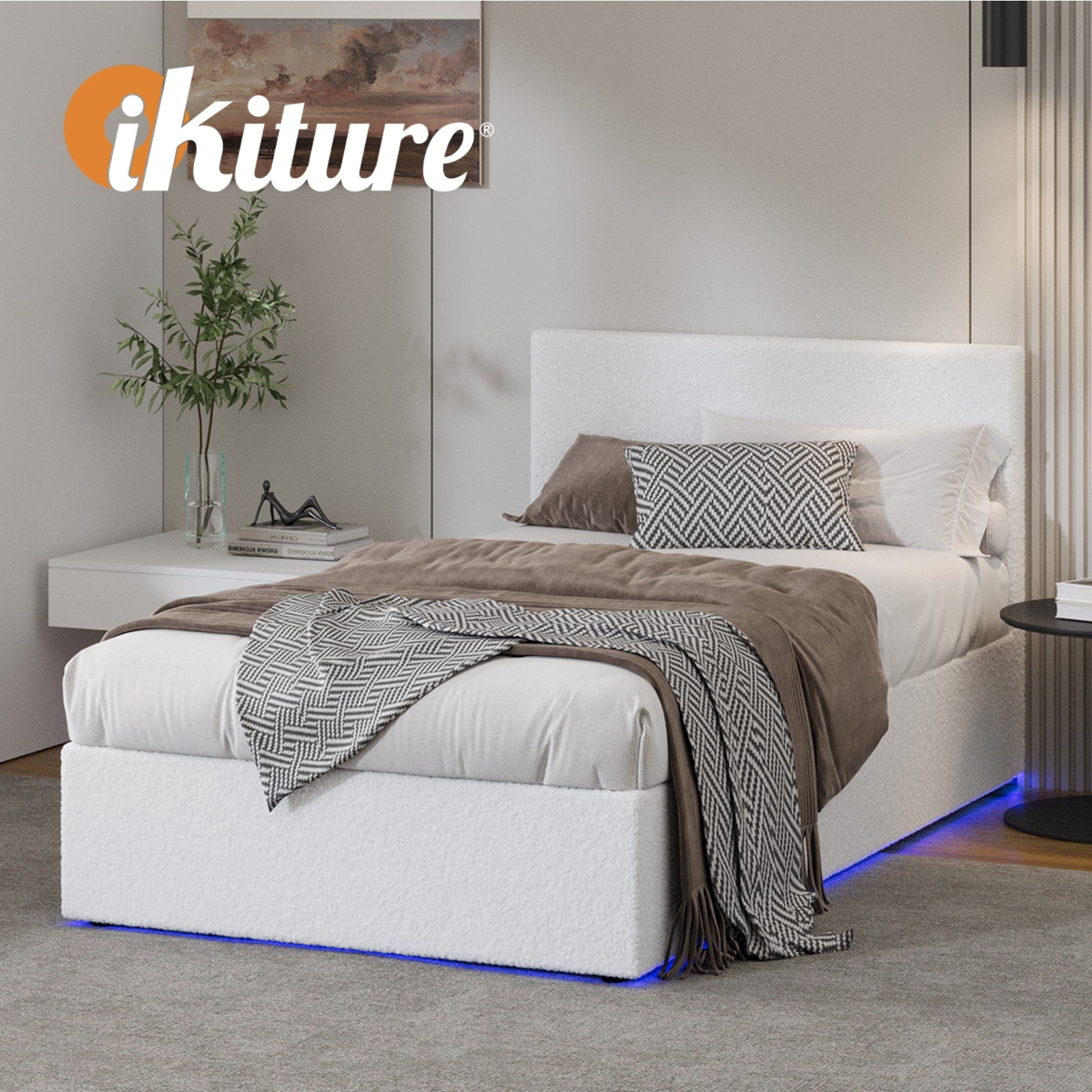 Oikiture Bed Frame King Single Size Gas Lift Storage Base LED Beds Boucle White