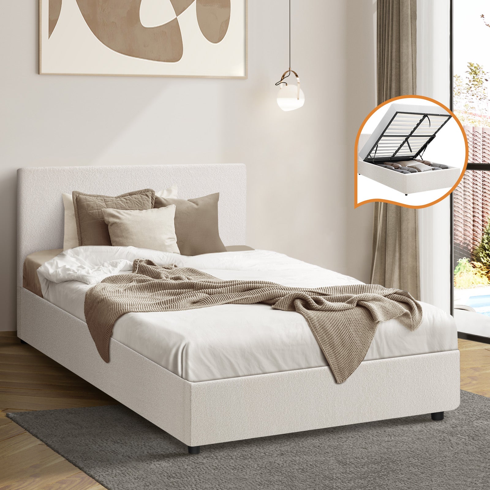 Oikiture Bed Frame King Single Size Gas Lift Base With Storage White Boucle - Sunyee