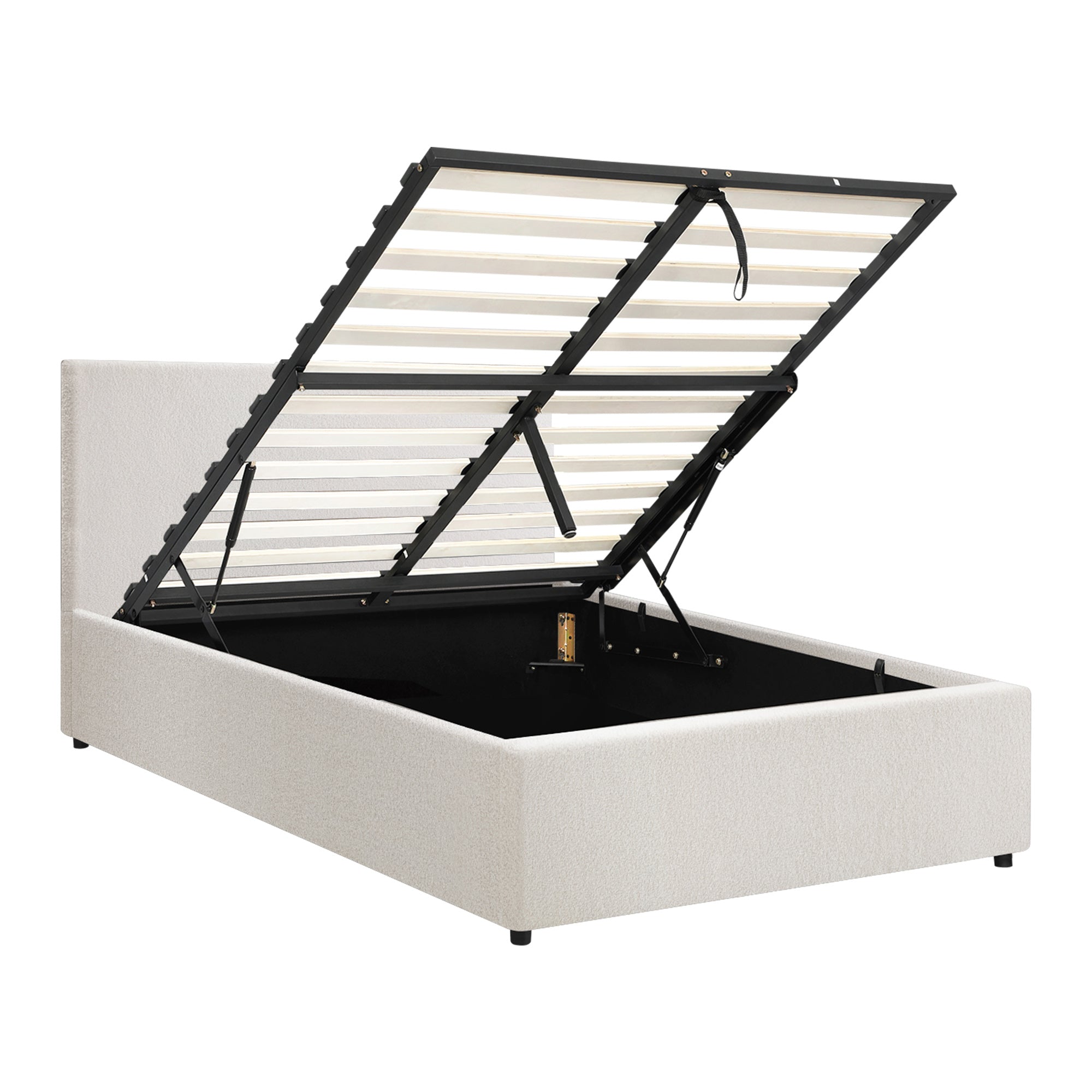 Oikiture Bed Frame King Single Size Gas Lift Base With Storage White Boucle - Sunyee