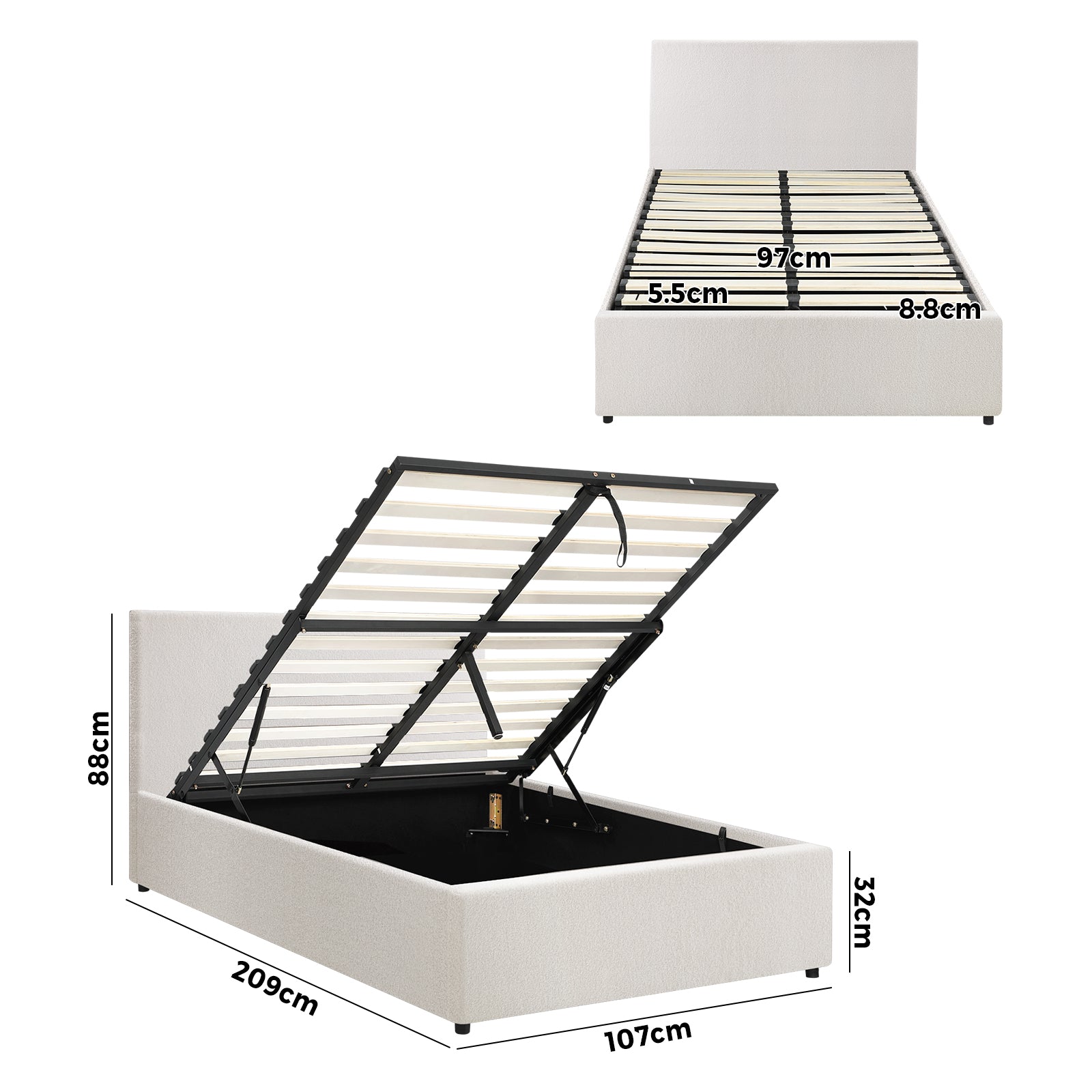 Oikiture Bed Frame King Single Size Gas Lift Base With Storage White Boucle - Sunyee