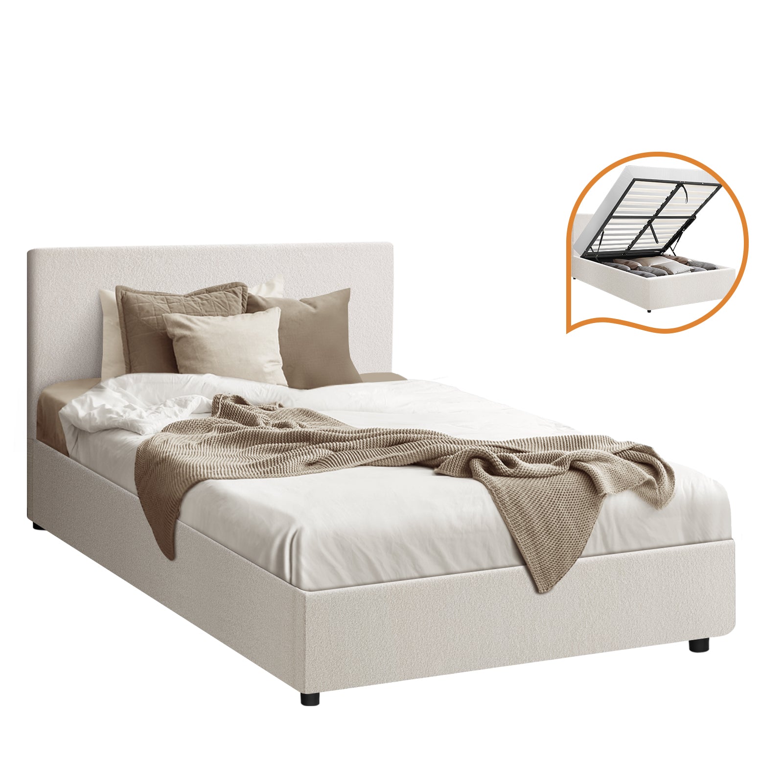 Oikiture Bed Frame King Single Size Gas Lift Base With Storage White Boucle - Sunyee