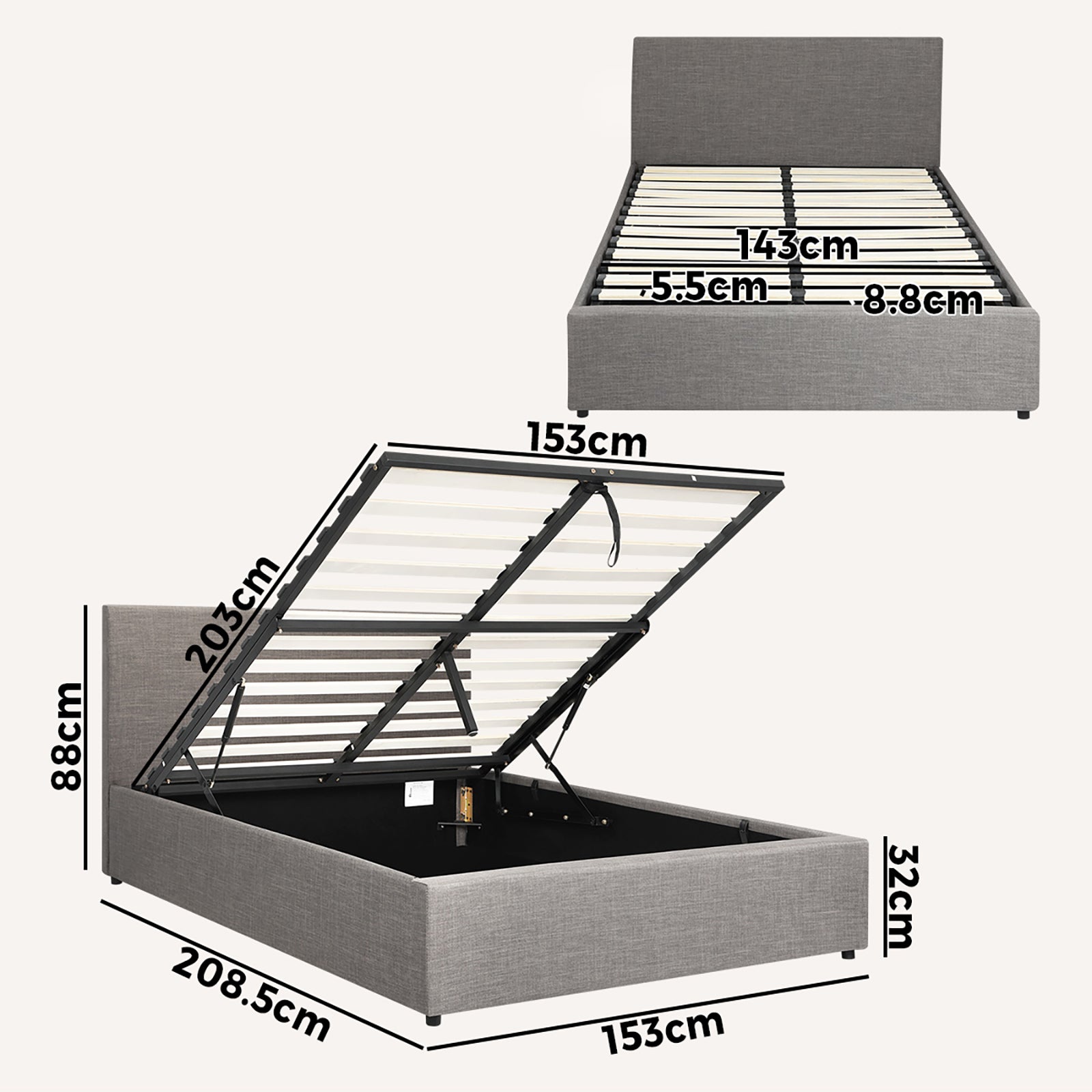 Oikiture Bed Frame Queen Size Gas Lift Base With Storage Mattress Base Fabric - Sunyee
