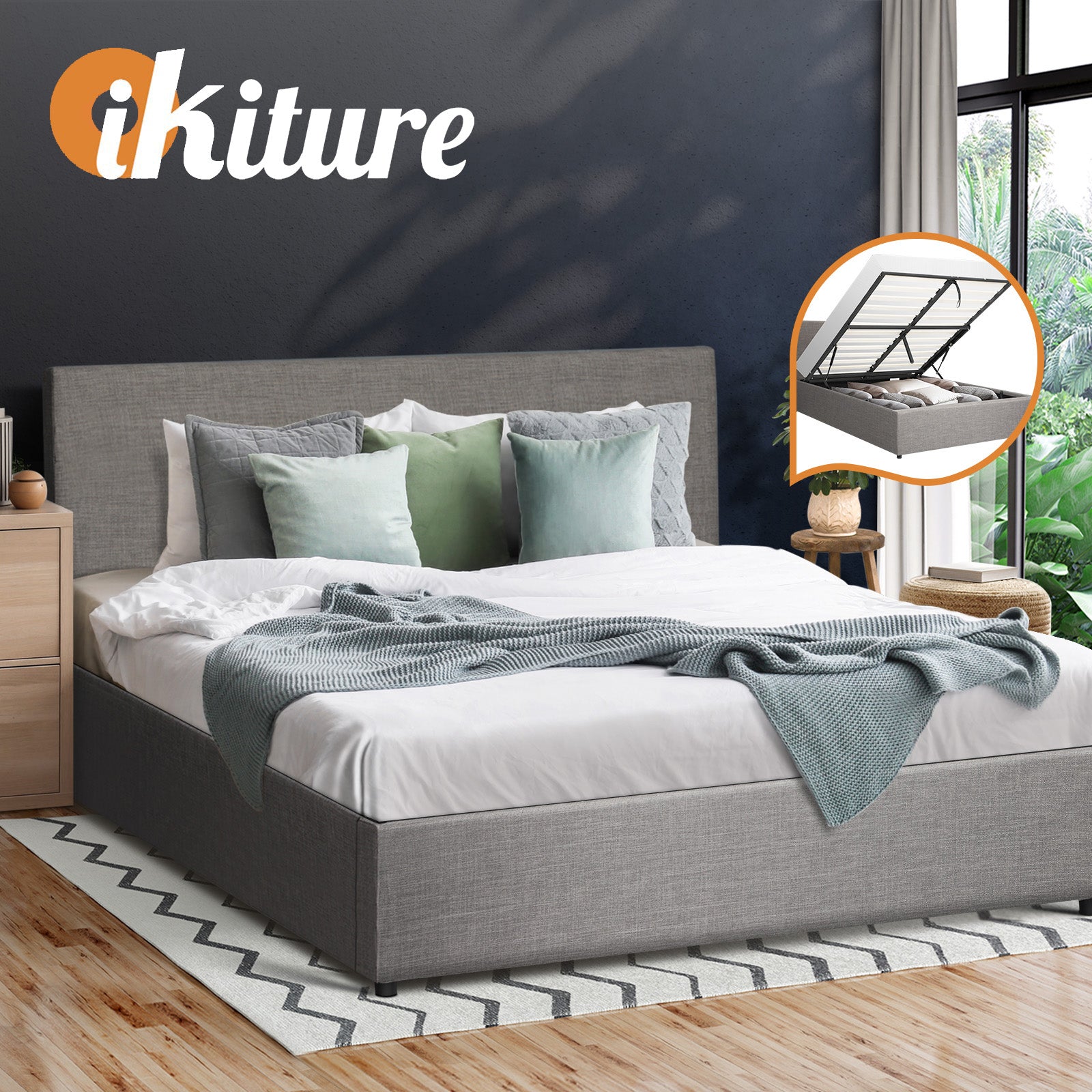 Oikiture Bed Frame Queen Size Gas Lift Base With Storage Mattress Base Fabric - Sunyee