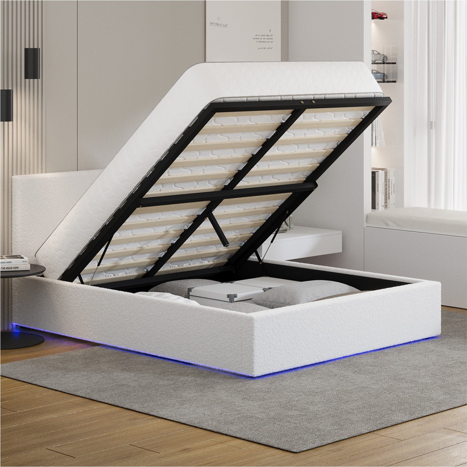 Oikiture Bed Frame Queen Size Gas Lift Storage Base LED Beds Boucle White