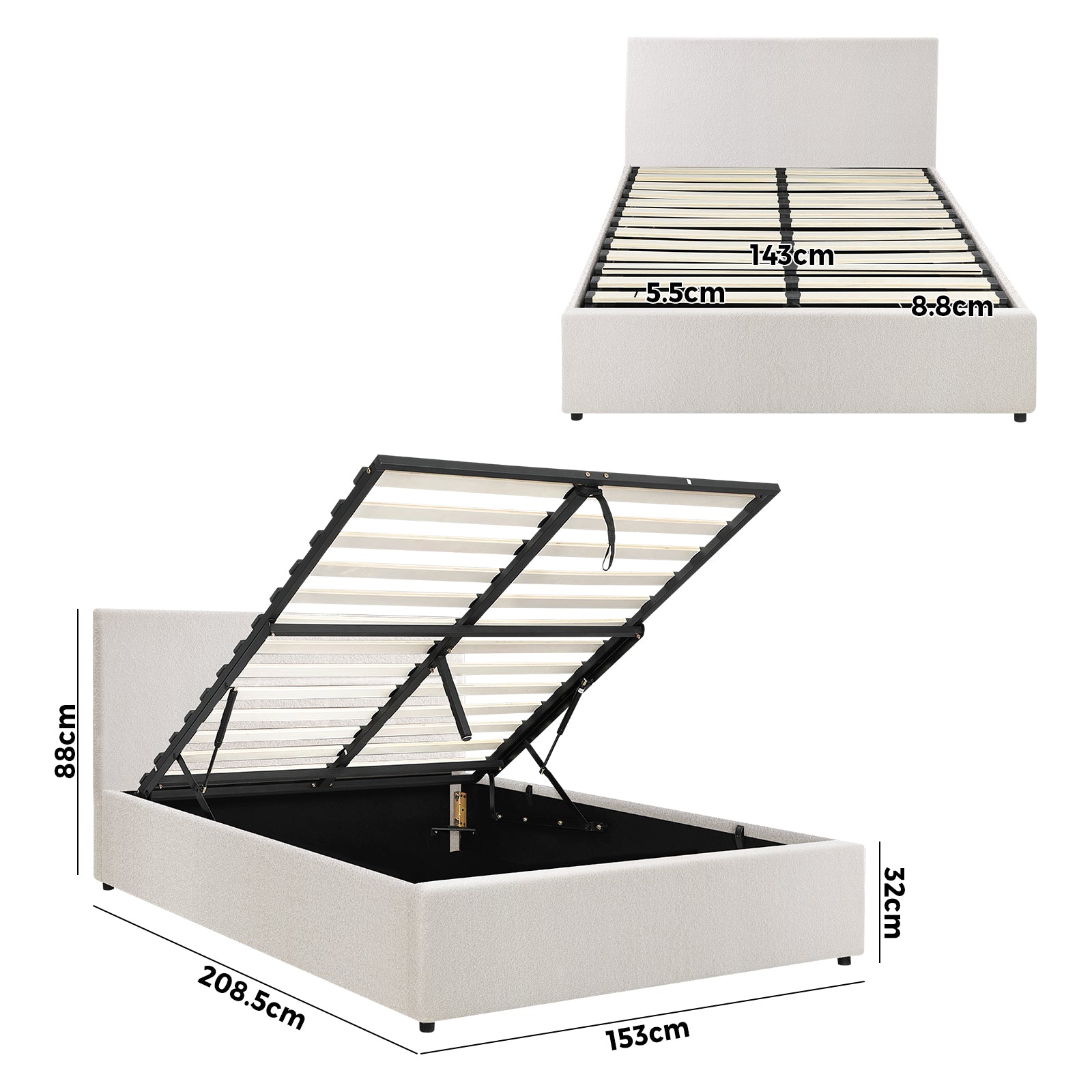 Oikiture Bed Frame Queen Size Gas Lift Base With Storage White Boucle - Sunyee