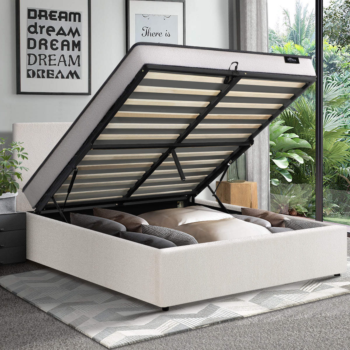 Oikiture Bed Frame Double Size Gas Lift Boucle Beds With Mattress Set - Sunyee