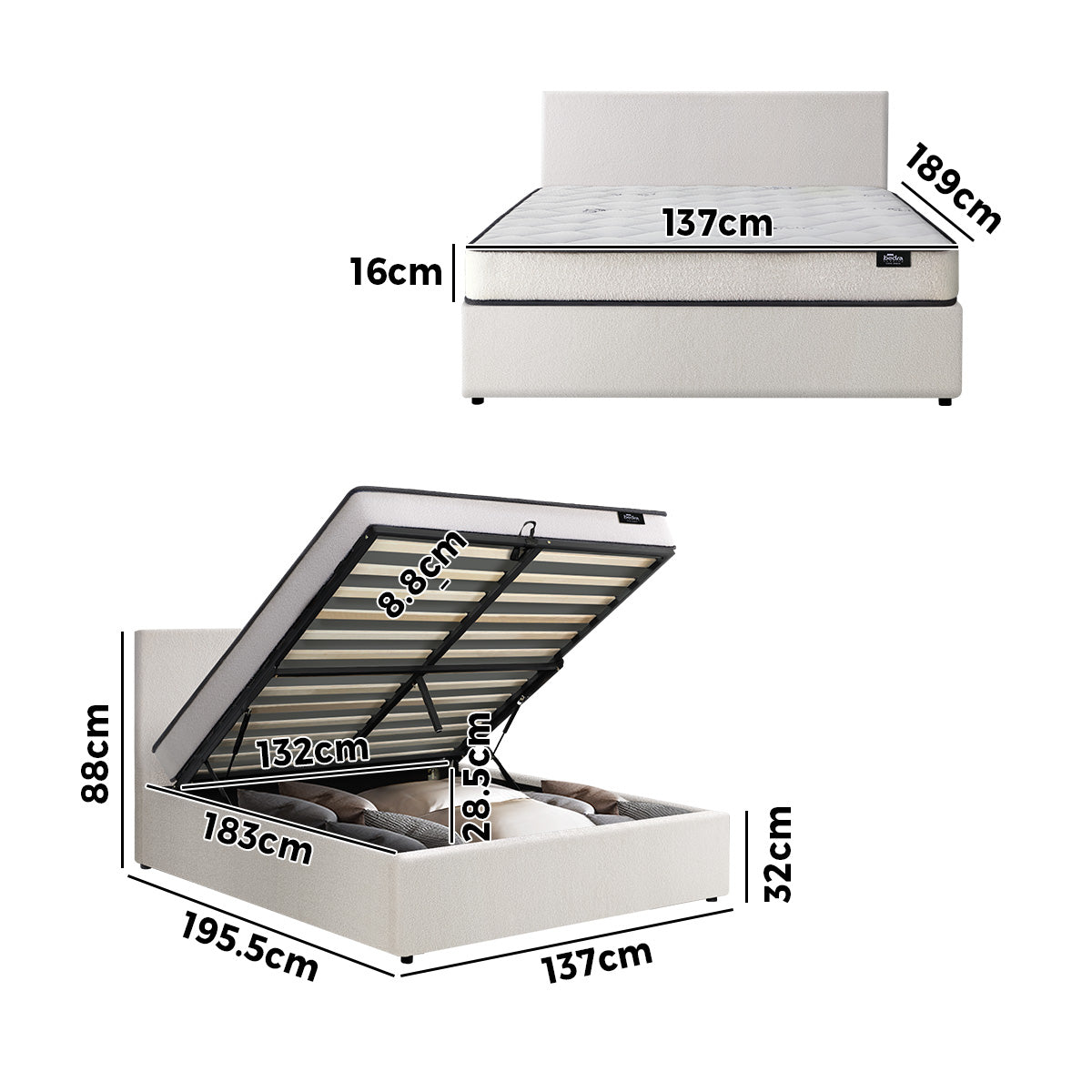 Oikiture Bed Frame Double Size Gas Lift Boucle Beds With Mattress Set - Sunyee