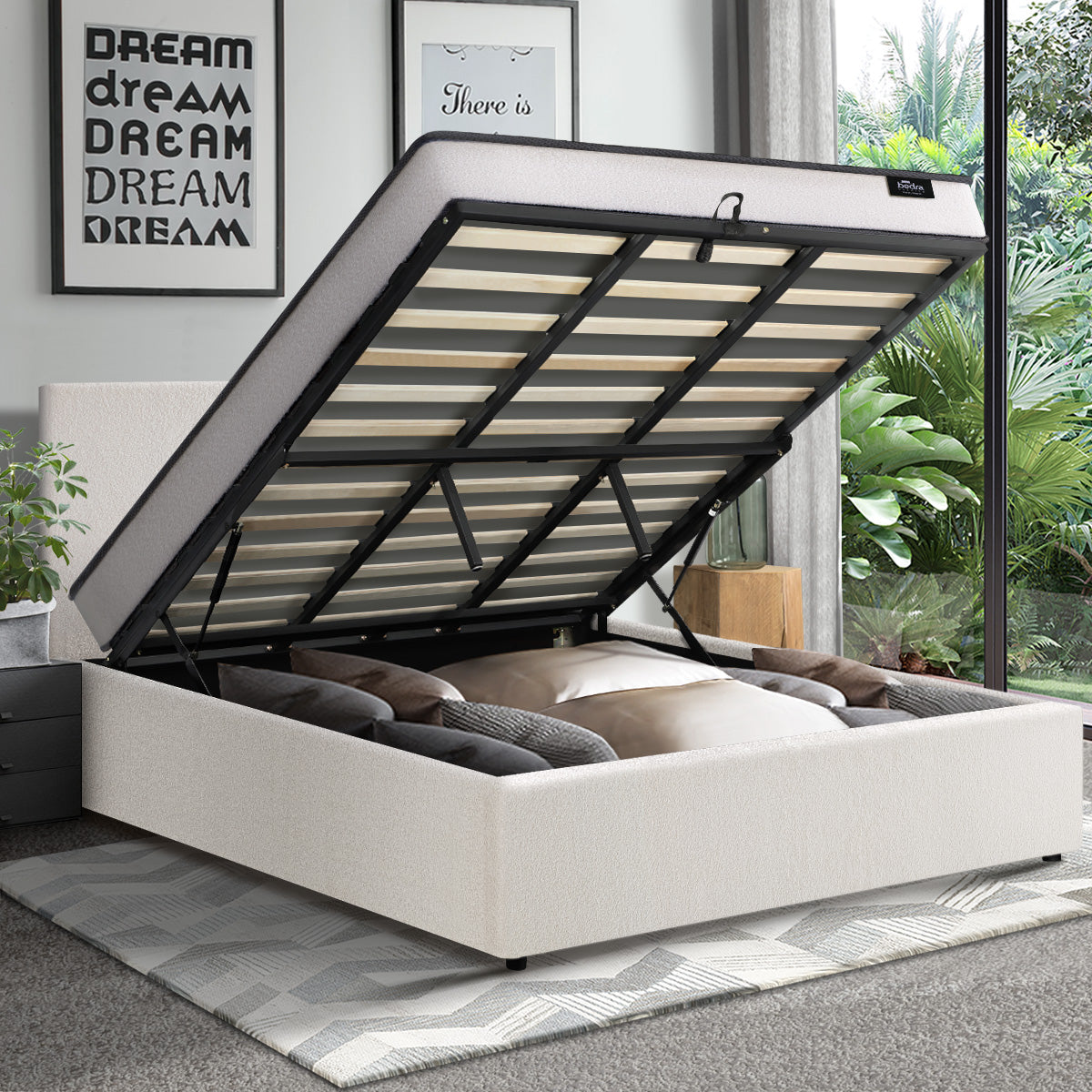 Oikiture Bed Frame King Size Gas Lift Boucle Beds With Mattress Set - Sunyee