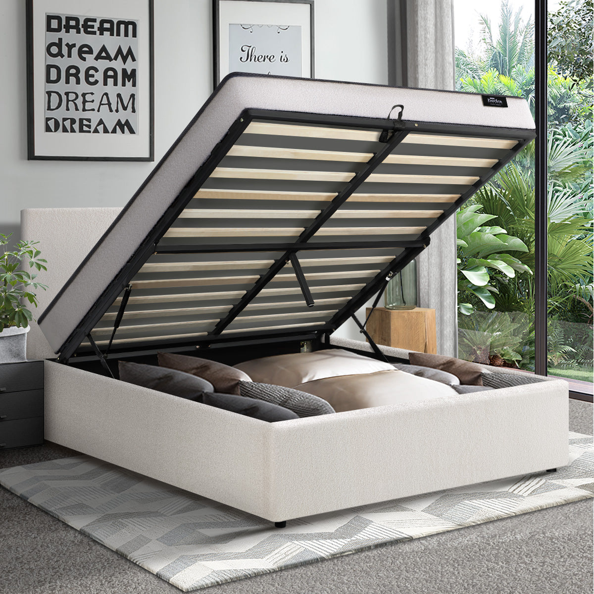 Oikiture Bed Frame King Single Size Gas Lift Boucle Beds With Mattress Set - Sunyee