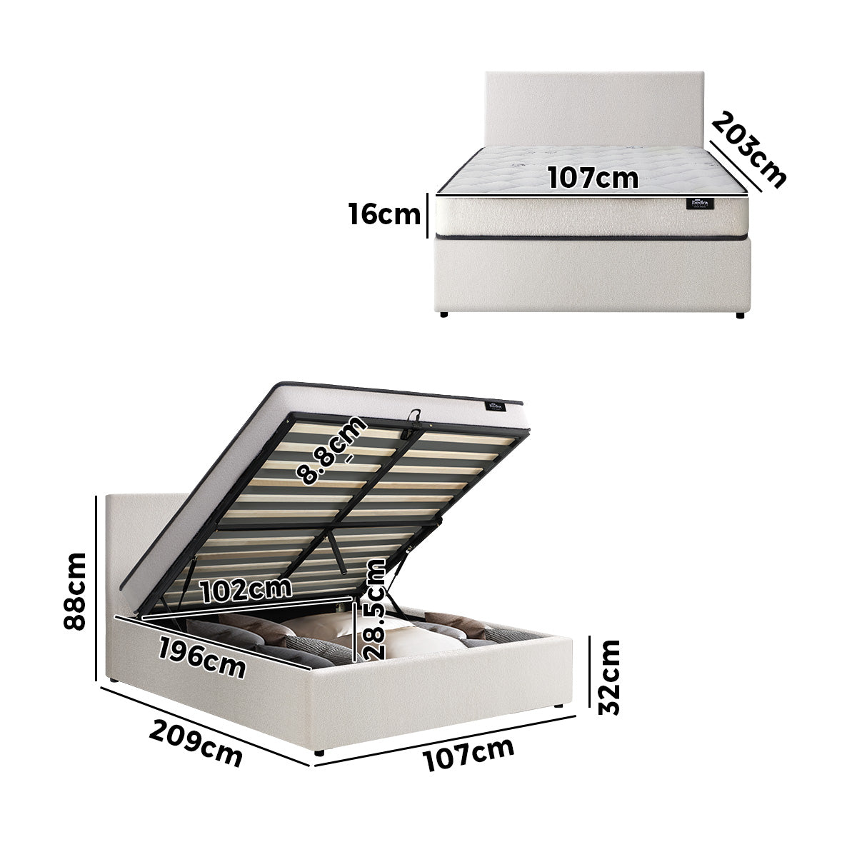 Oikiture Bed Frame King Single Size Gas Lift Boucle Beds With Mattress Set - Sunyee