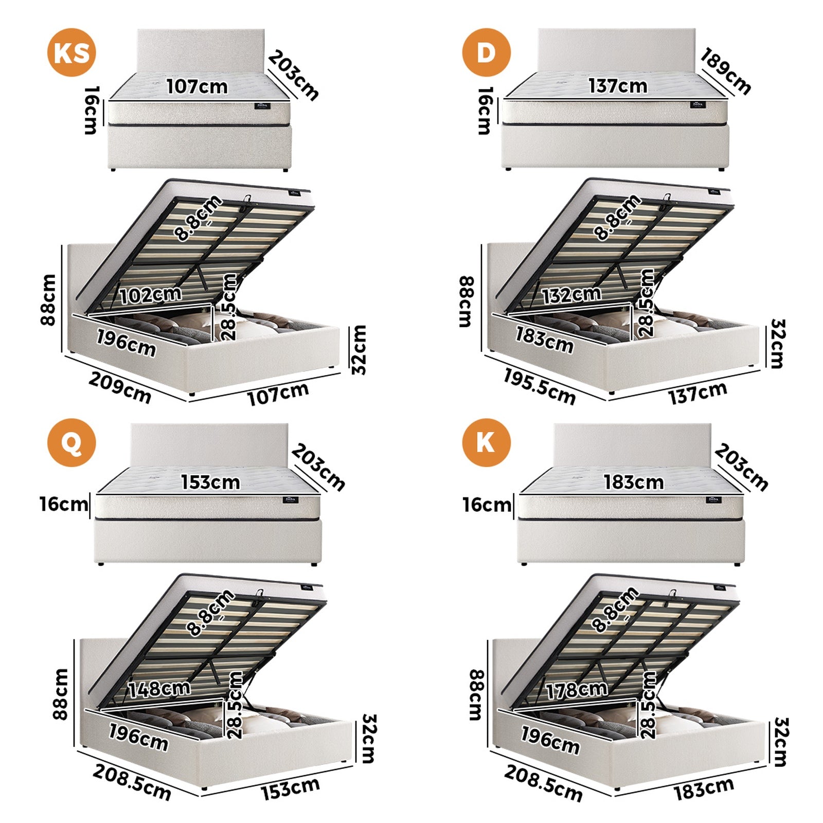 Oikiture Bed Frame Queen Double King Single Size Gas Lift with Mattress Boucle - Sunyee