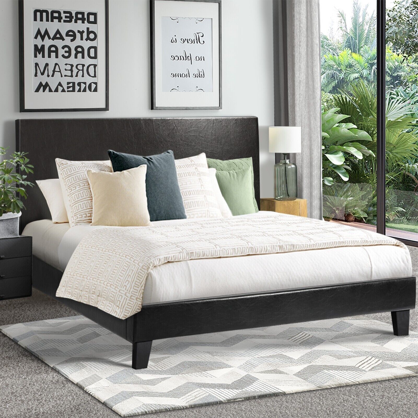 Oikiture Bed Frame Double Size Base Mattress Platform Leather Wooden Slats Black - Sunyee