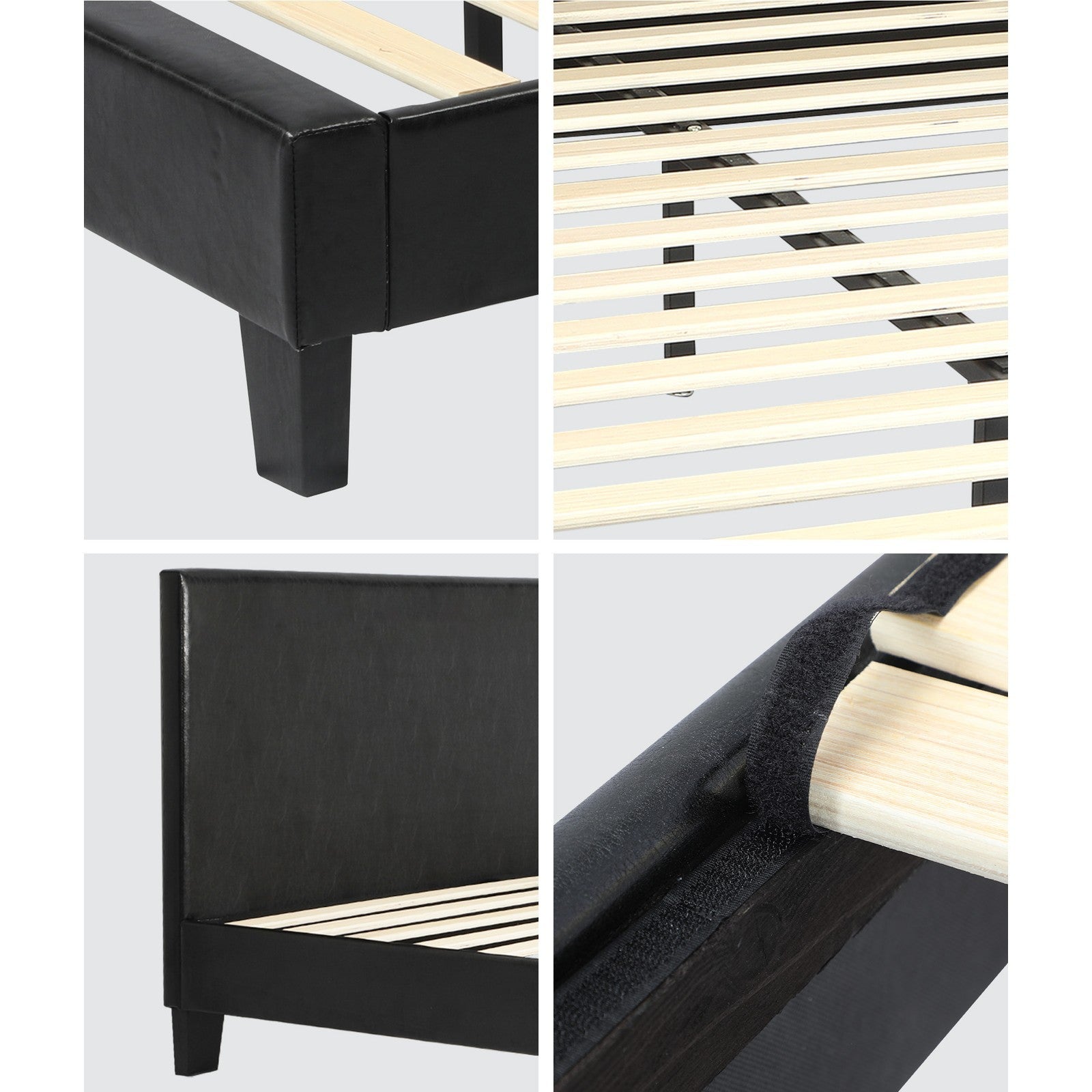 Oikiture Bed Frame Double Size Base Mattress Platform Leather Wooden Slats Black - Sunyee