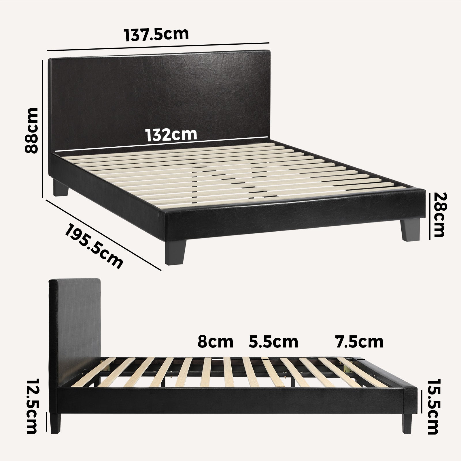 Oikiture Bed Frame Double Size Base Mattress Platform Leather Wooden Slats Black - Sunyee