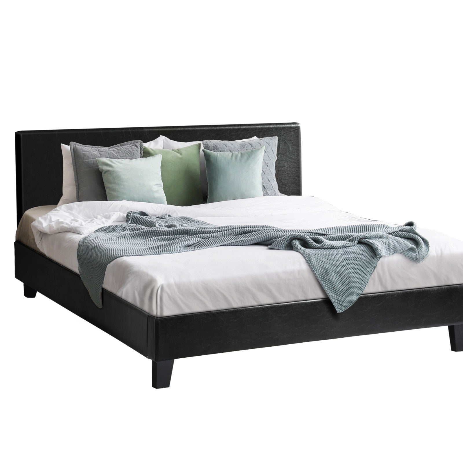 Oikiture Bed Frame Double Size Base Mattress Platform Leather Wooden Slats Black - Sunyee
