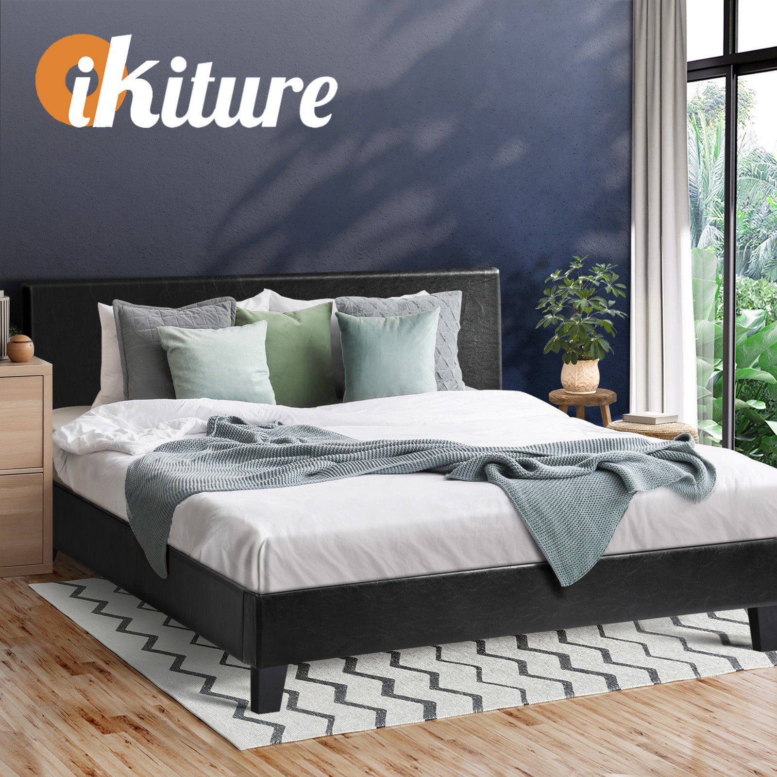 Oikiture Bed Frame Double Size Base Mattress Platform Leather Wooden Slats Black - Sunyee