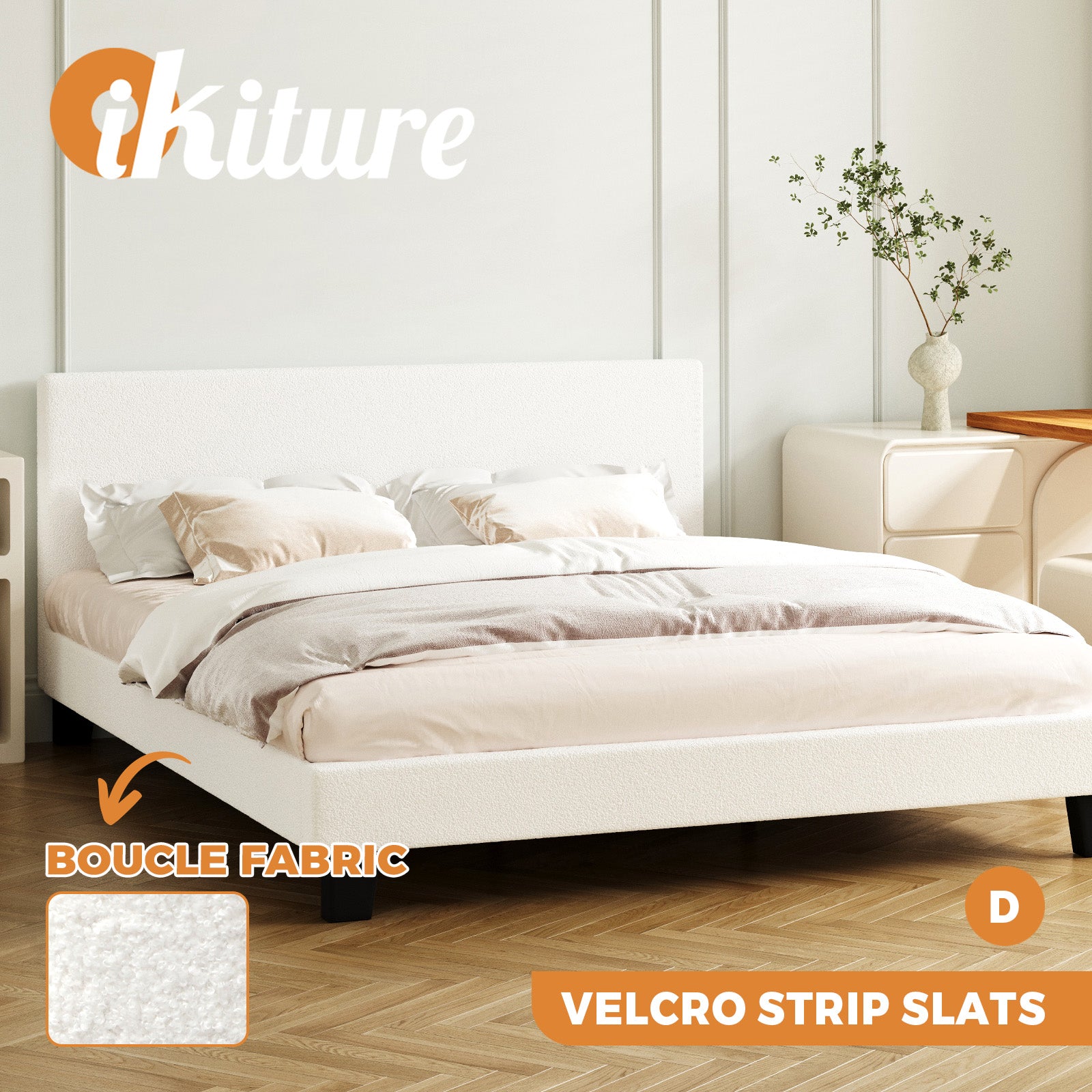 Oikiture Bed Frame Queen Double King Single Mattress Base Boucle Fabric Platform - Sunyee