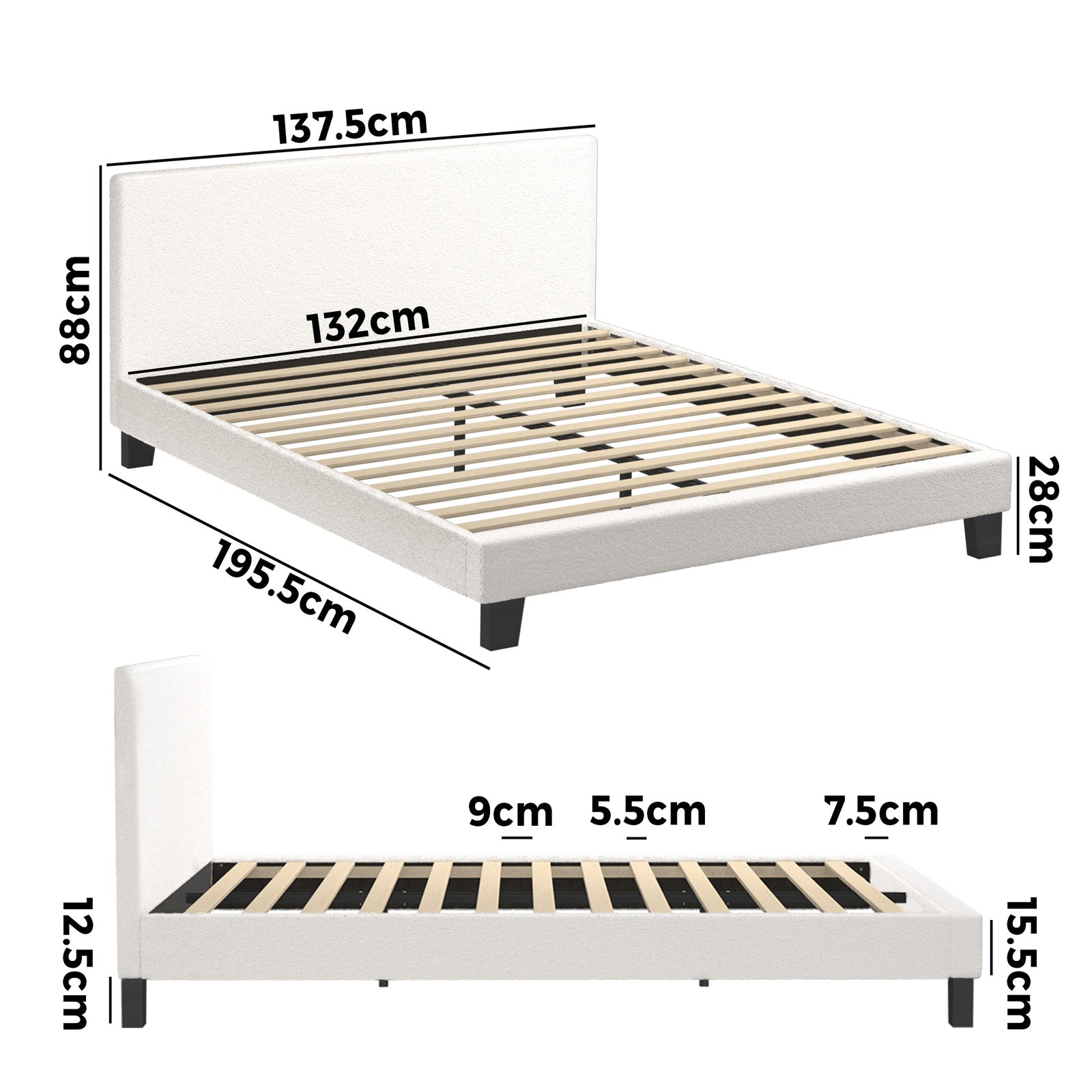 Oikiture Bed Frame Double Size Mattress Base Boucle Fabric Platform Wooden Slats - Sunyee