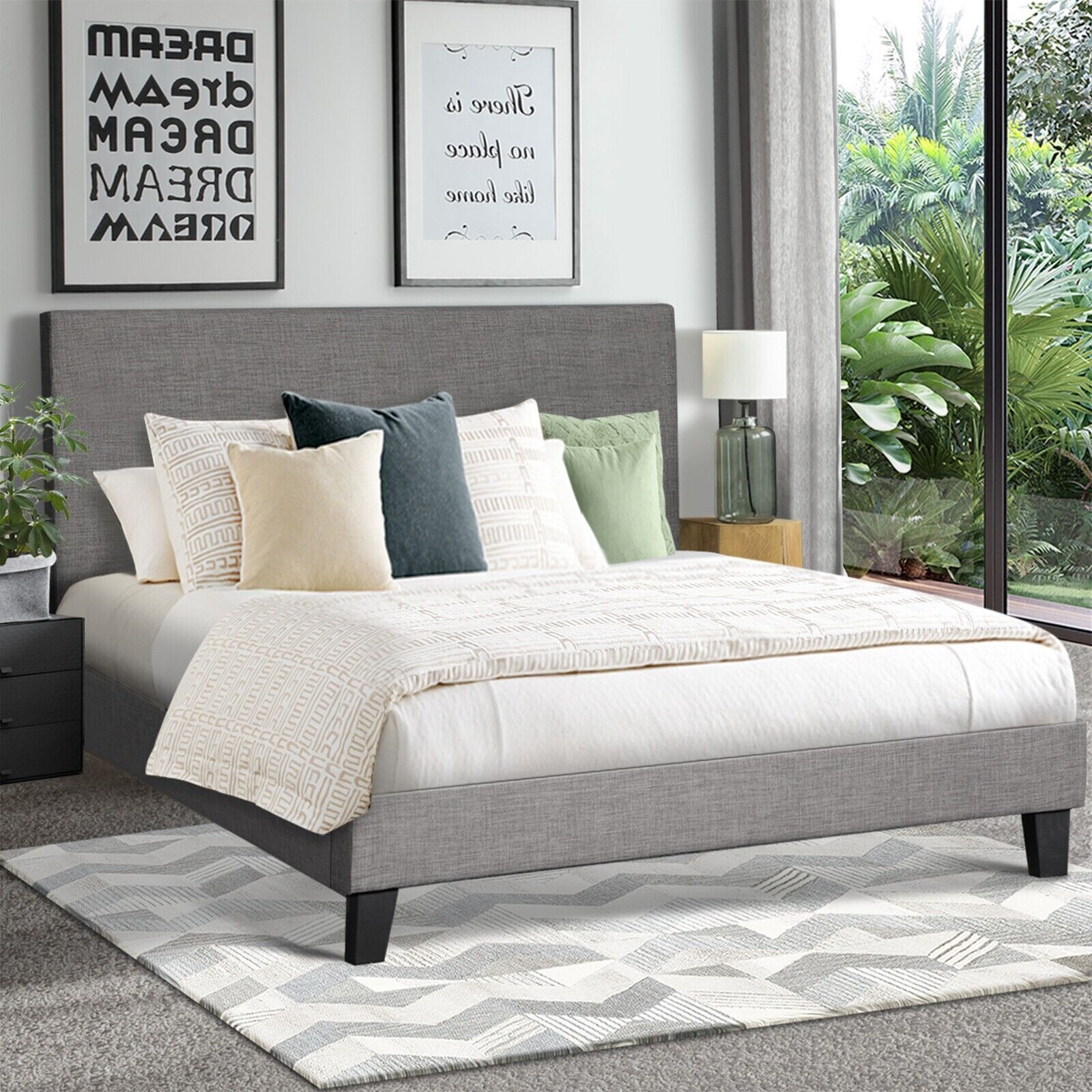 Oikiture Bed Frame King Size Mattress Base Platform Wooden Slats Grey Fabric - Sunyee