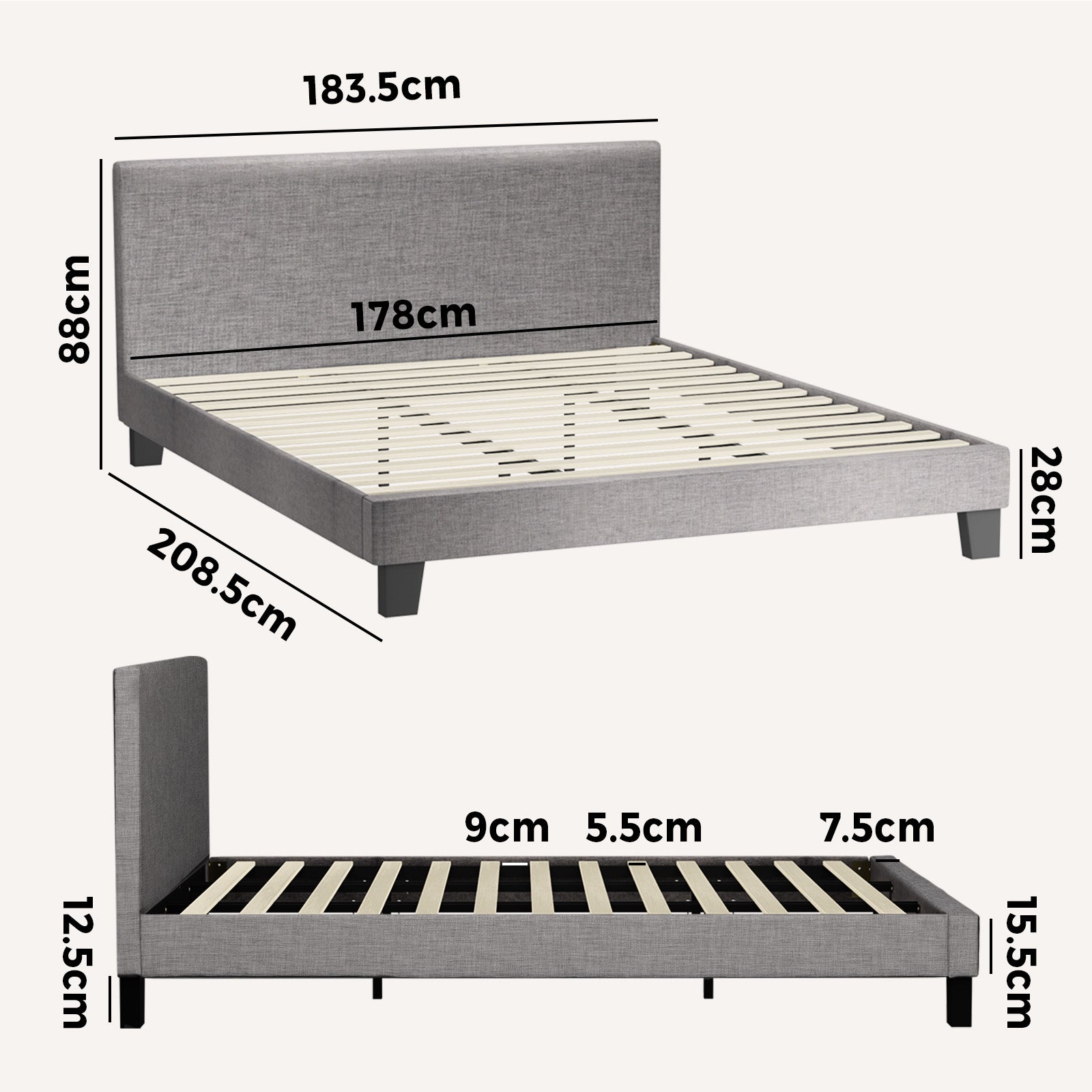 Oikiture Bed Frame King Size Mattress Base Platform Wooden Slats Grey Fabric - Sunyee