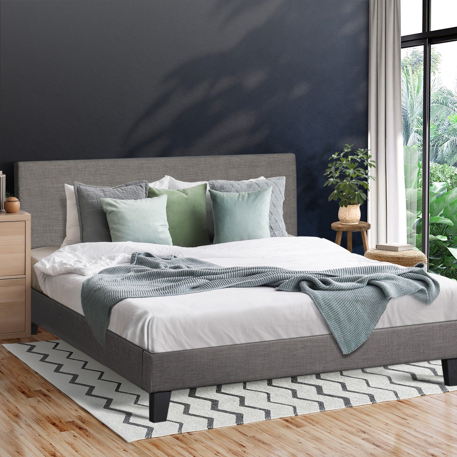 Oikiture Bed Frame King Size Mattress Base Platform Wooden Slats Grey Fabric - Sunyee