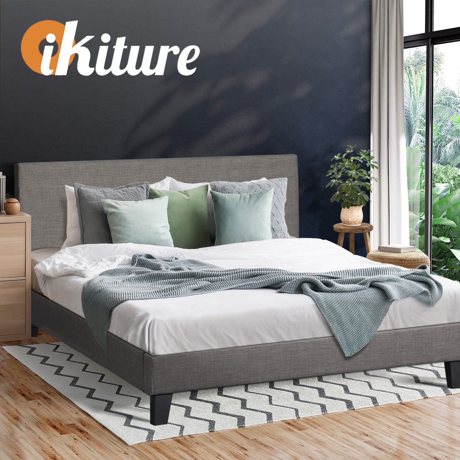 Oikiture Bed Frame King Size Mattress Base Platform Wooden Slats Grey Fabric - Sunyee