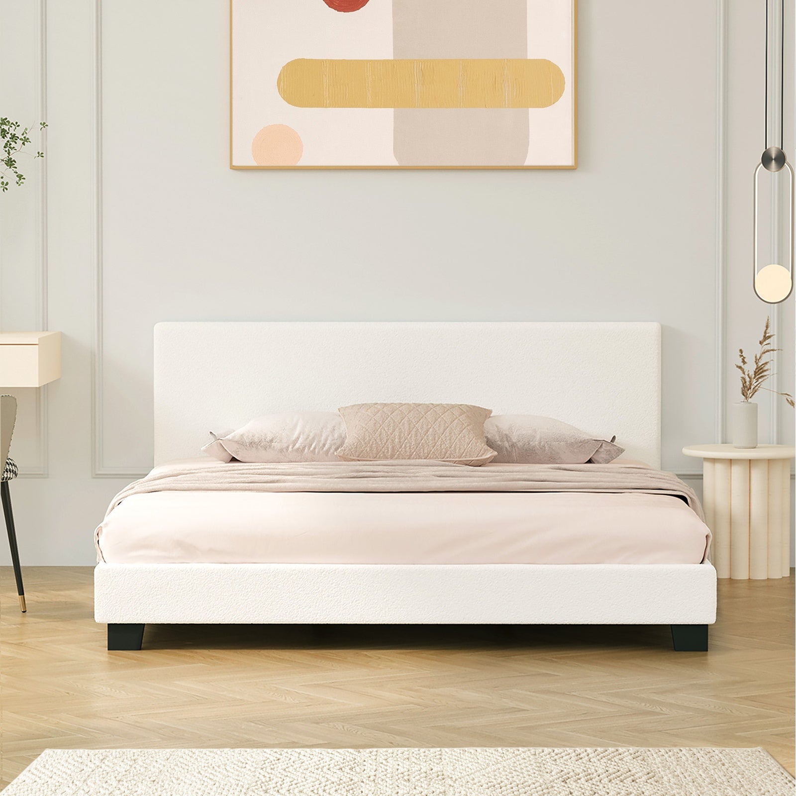 Oikiture Bed Frame King Size Mattress Base Boucle Fabric Platform Wooden Slats - Sunyee
