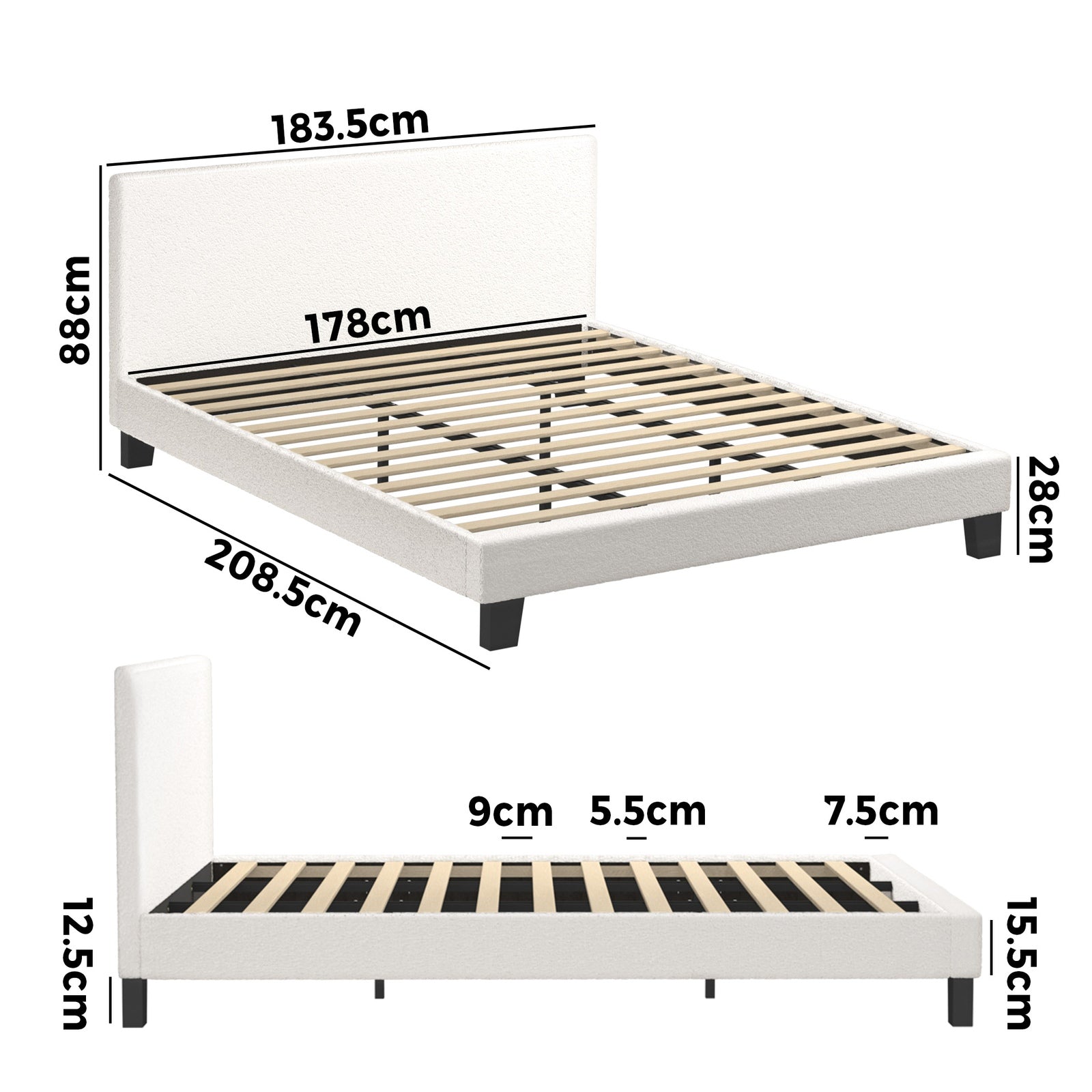 Oikiture Bed Frame King Size Mattress Base Boucle Fabric Platform Wooden Slats - Sunyee