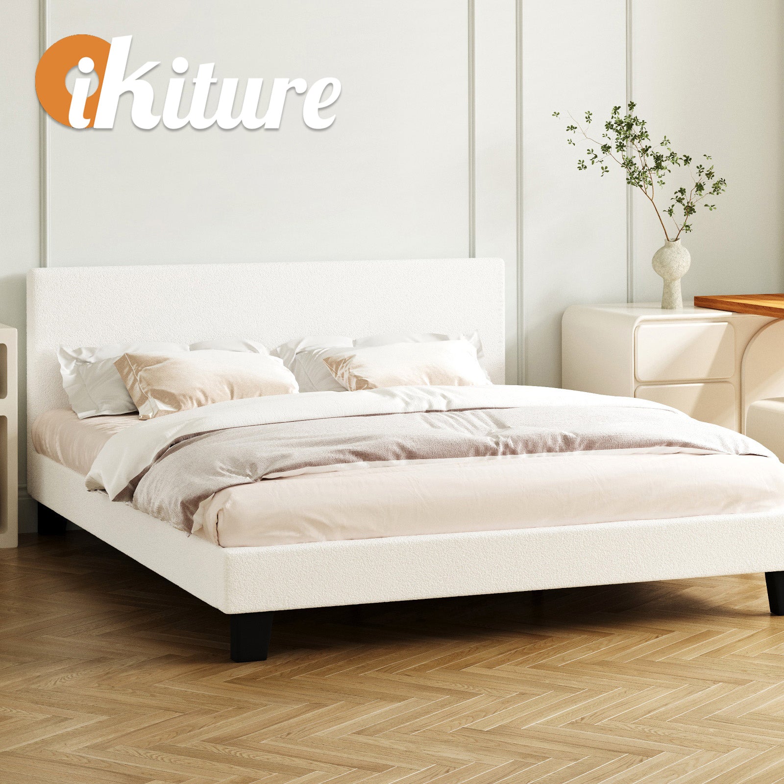 Oikiture Bed Frame King Size Mattress Base Boucle Fabric Platform Wooden Slats - Sunyee