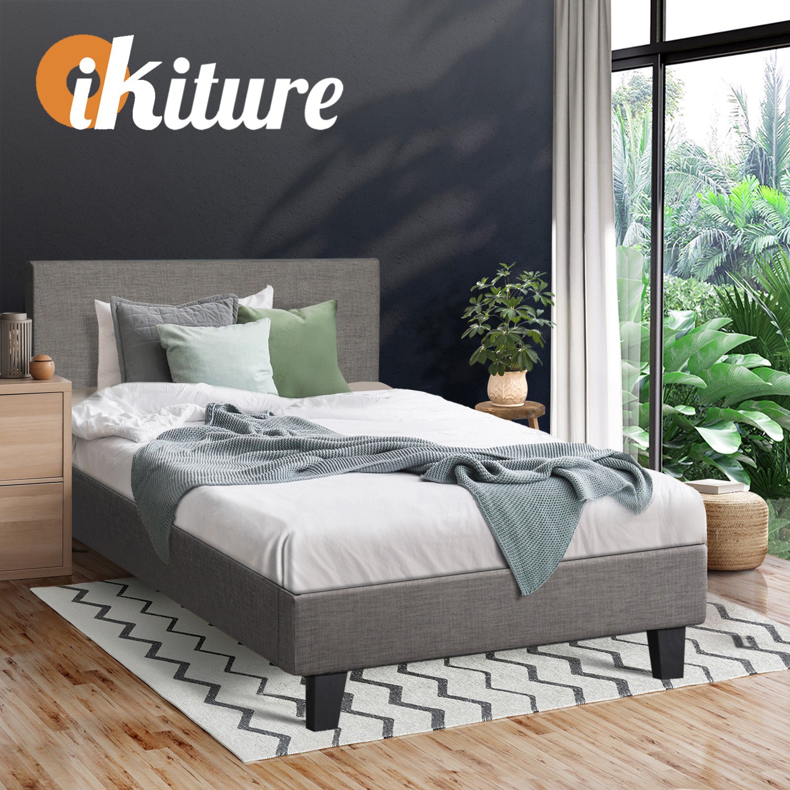 Oikiture Bed Frame King Single Size Mattress Base Platform Wooden Slats Fabric - Sunyee